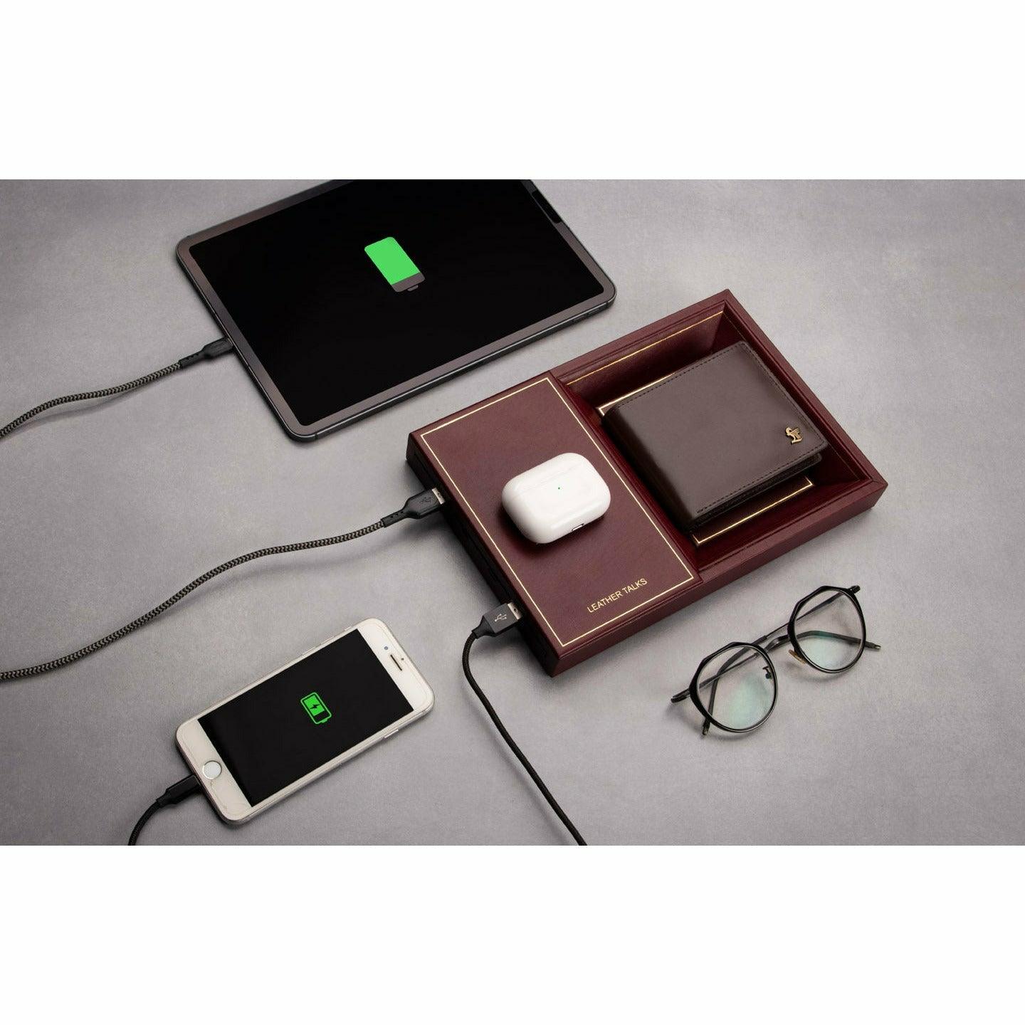 LT Smart Valet Tray 2.0 with wireless charging and power bank 10000 mAh - Leather Talks