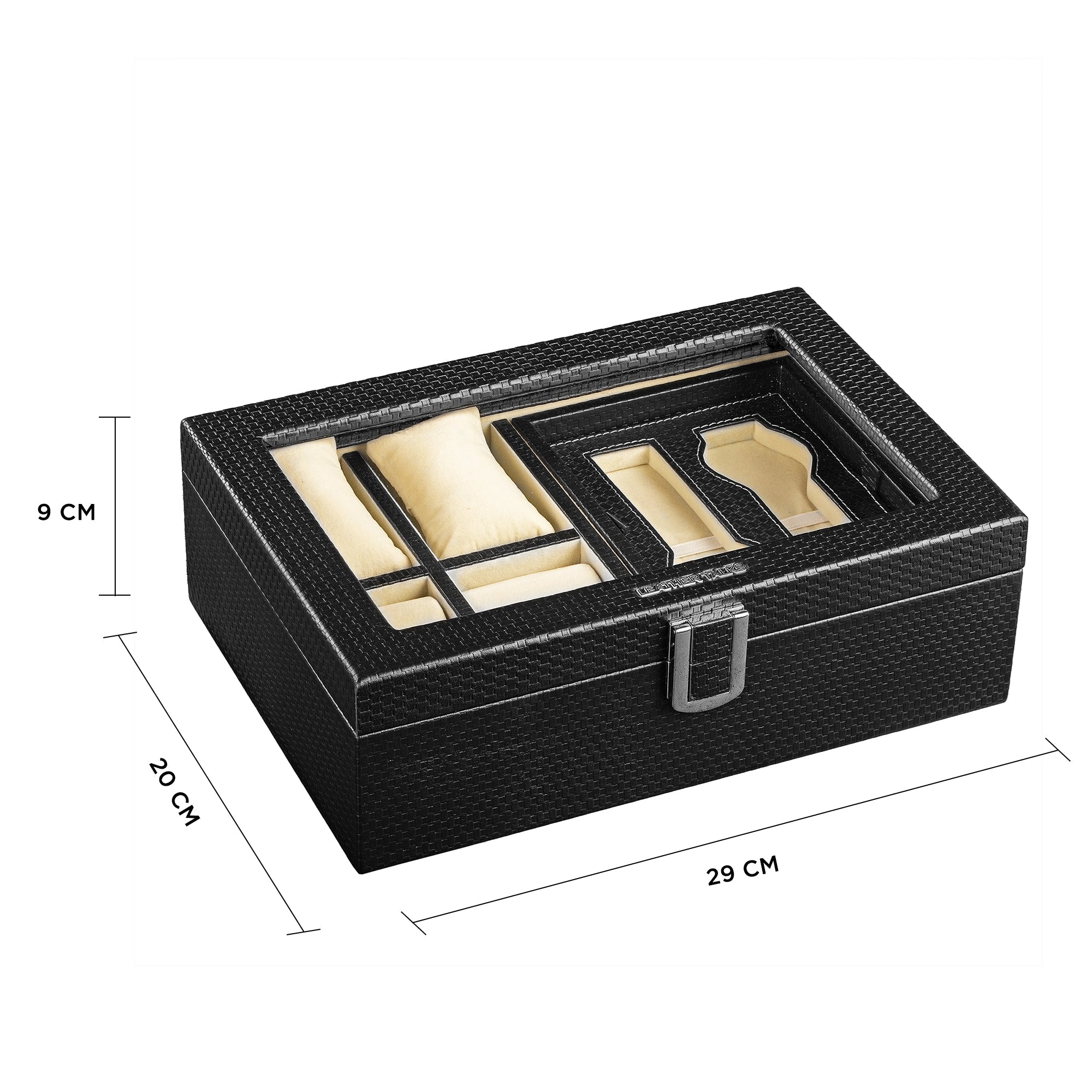 Galio Leather Watch Box / Case | Genuine Leather Watch Box for Men | Can Hold 8 Watches | Acrylic Glass Top | Color: Brick Black Leather Talks