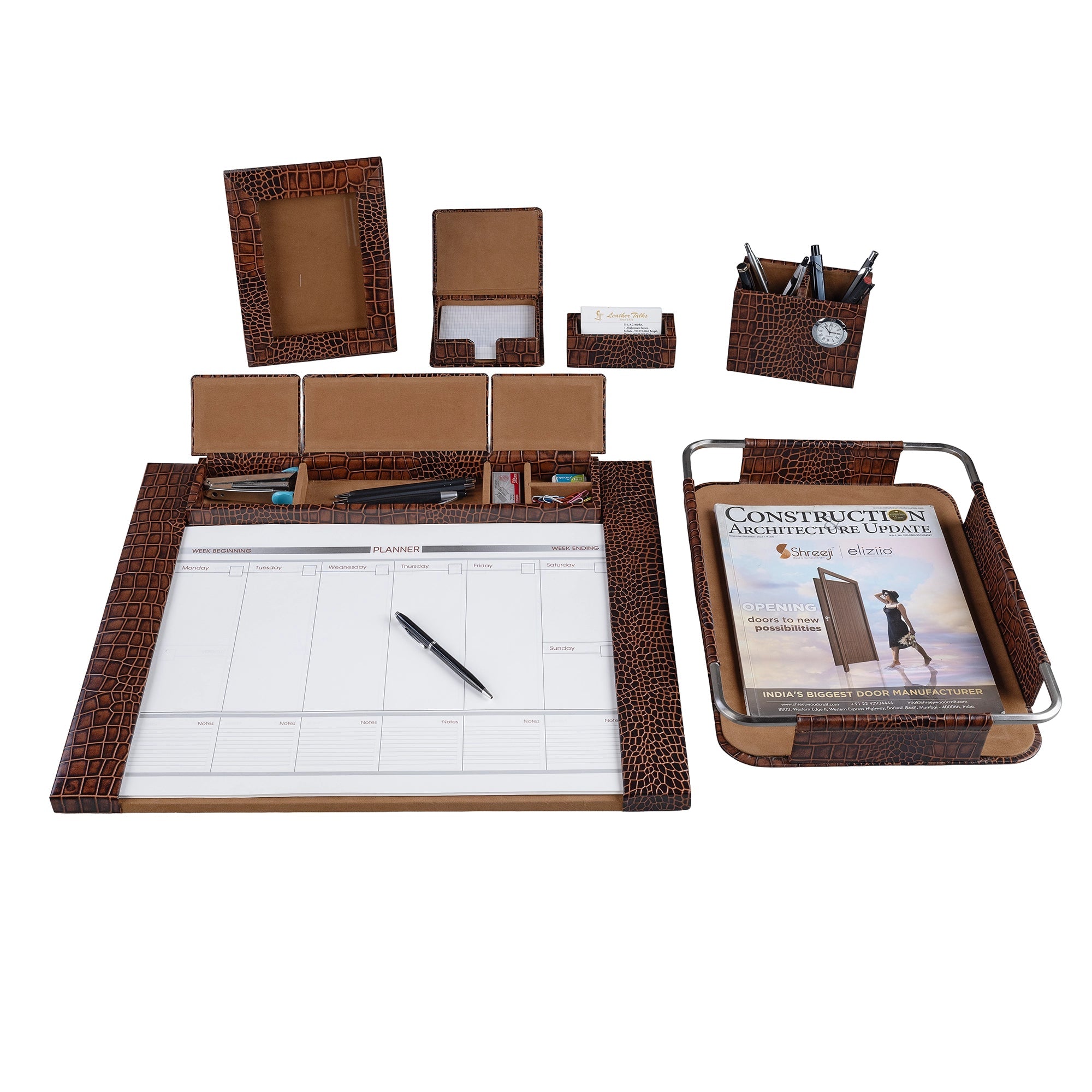 Desktop Planner Set I | Office Table Accessories| Croco Embossed Genuine Leather | Color- Tan Leather Talks
