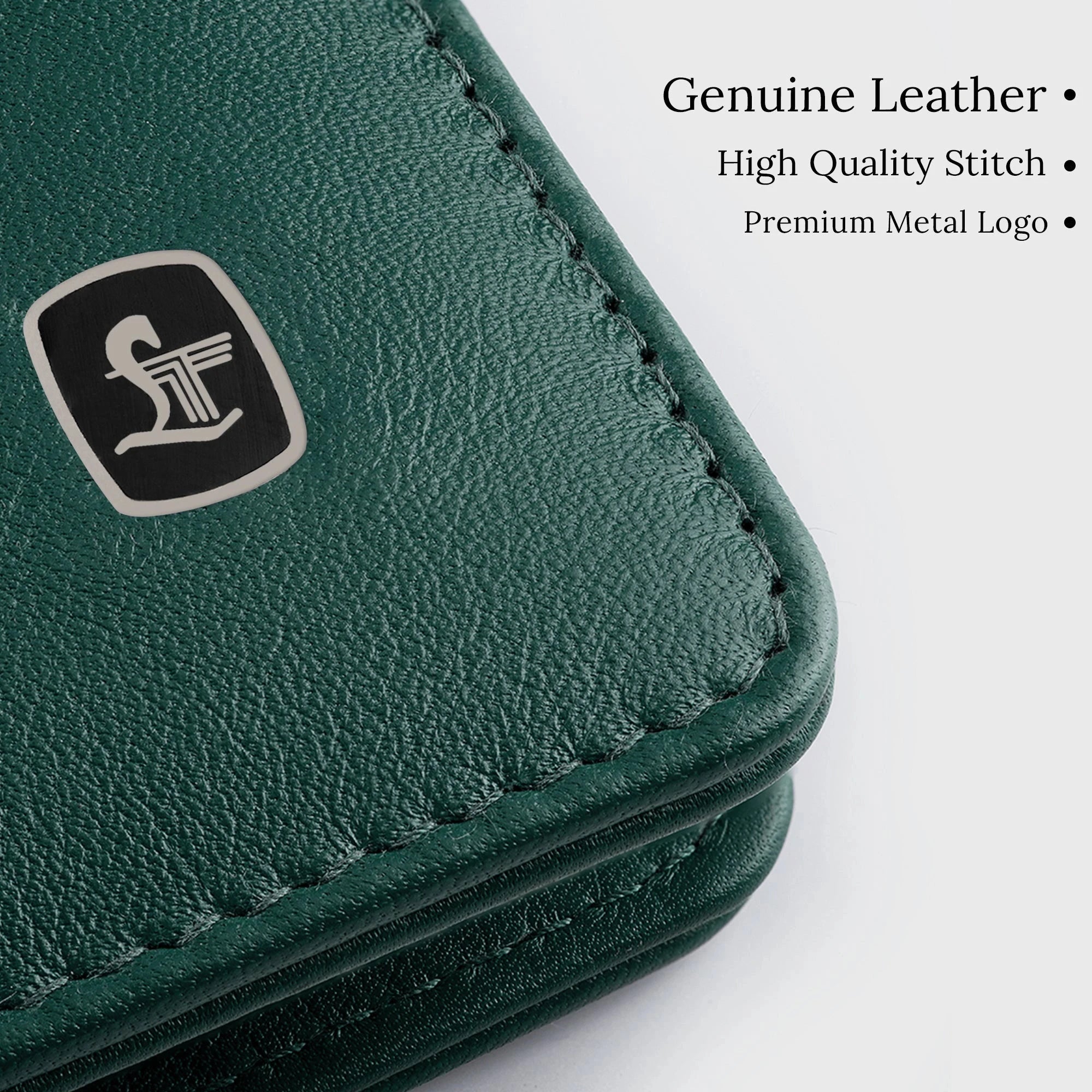 Close-up of premium metal Leather Talks logo on genuine green leather notebook with high-quality stitching.