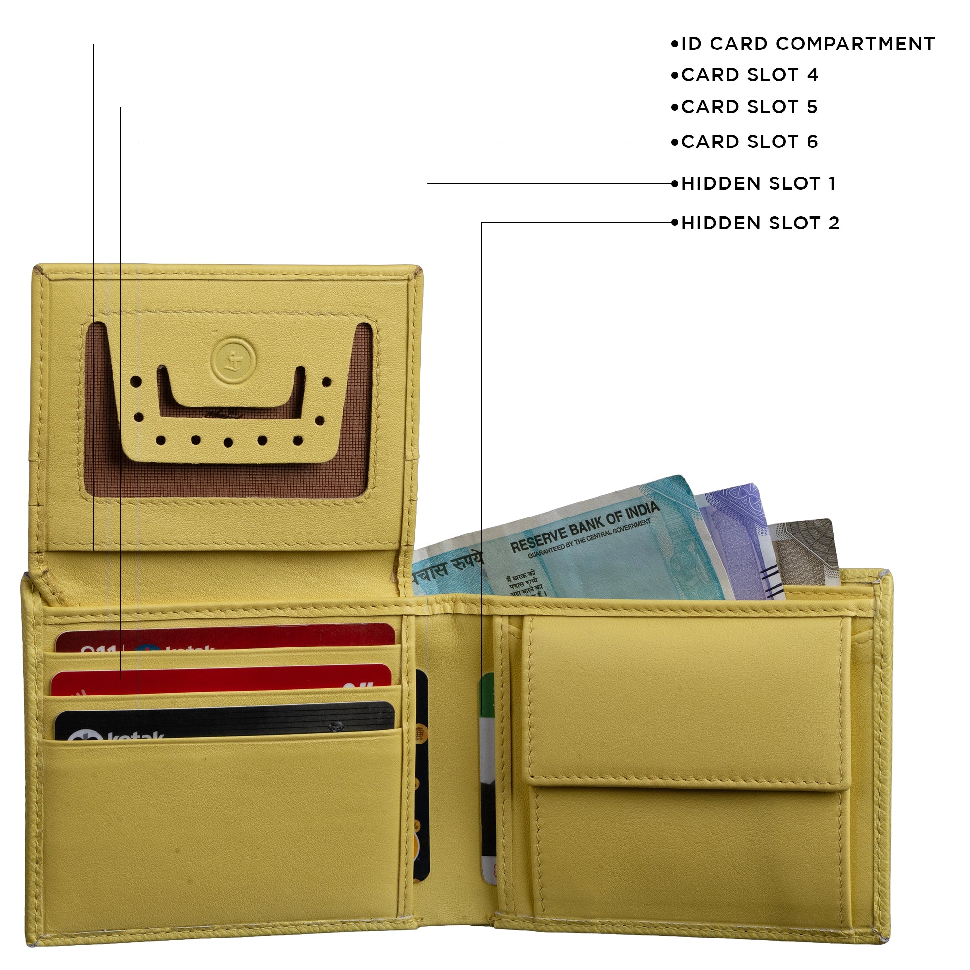 Inside view of leather bi-fold wallet with ID window flap and organized compartments