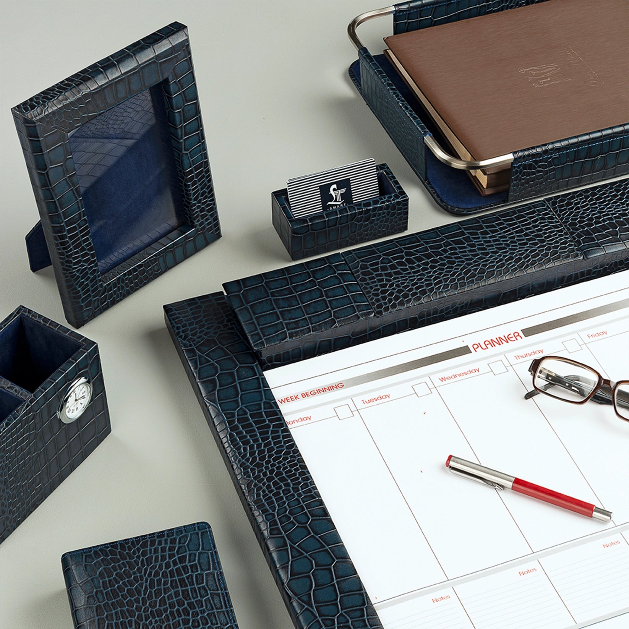 Corporate New Year Gift | Desktop Planner Set I | Office Table Accessories | Croco Embossed Genuine Leather | Color- Blue Leather Talks