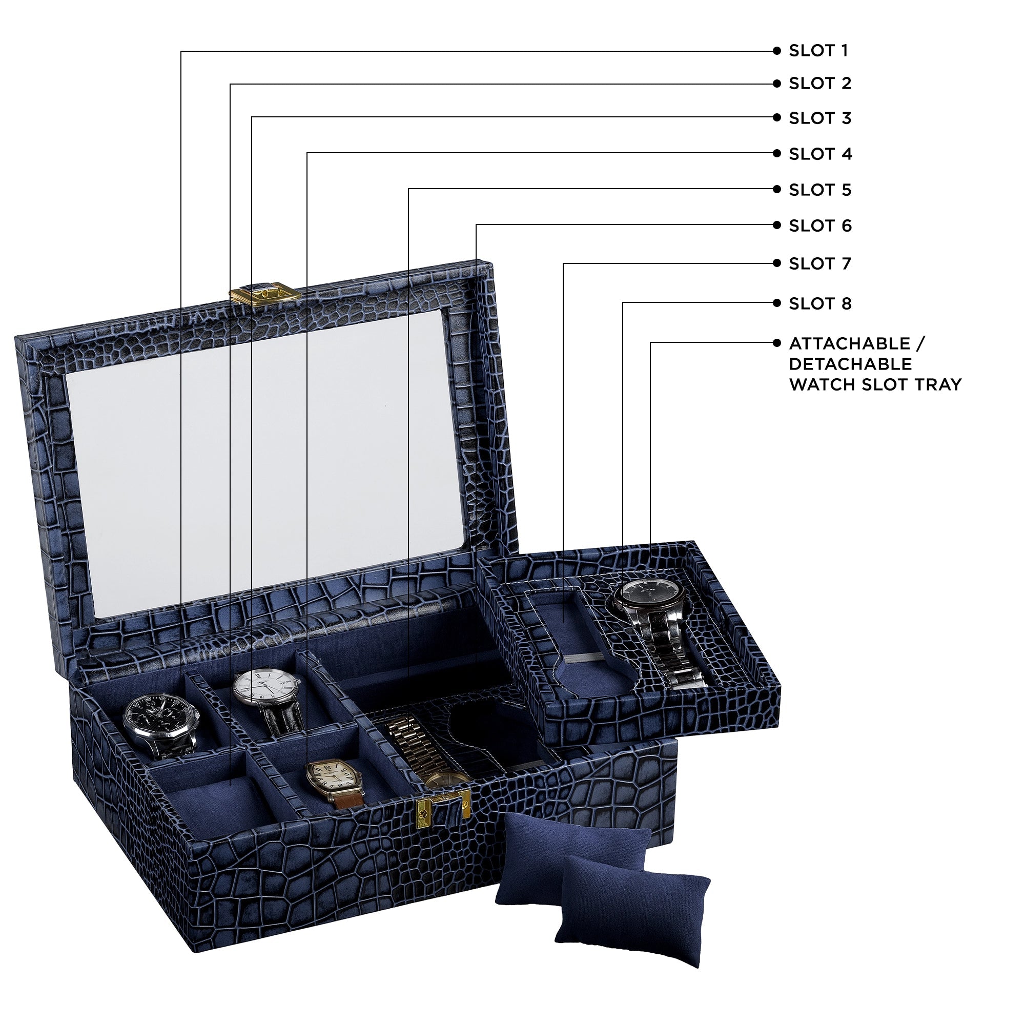 Galio Premium Watch Box 8 Watches | Genuine Leather Watch Storage Case for Men | Color: Croco Blue Leather Talks