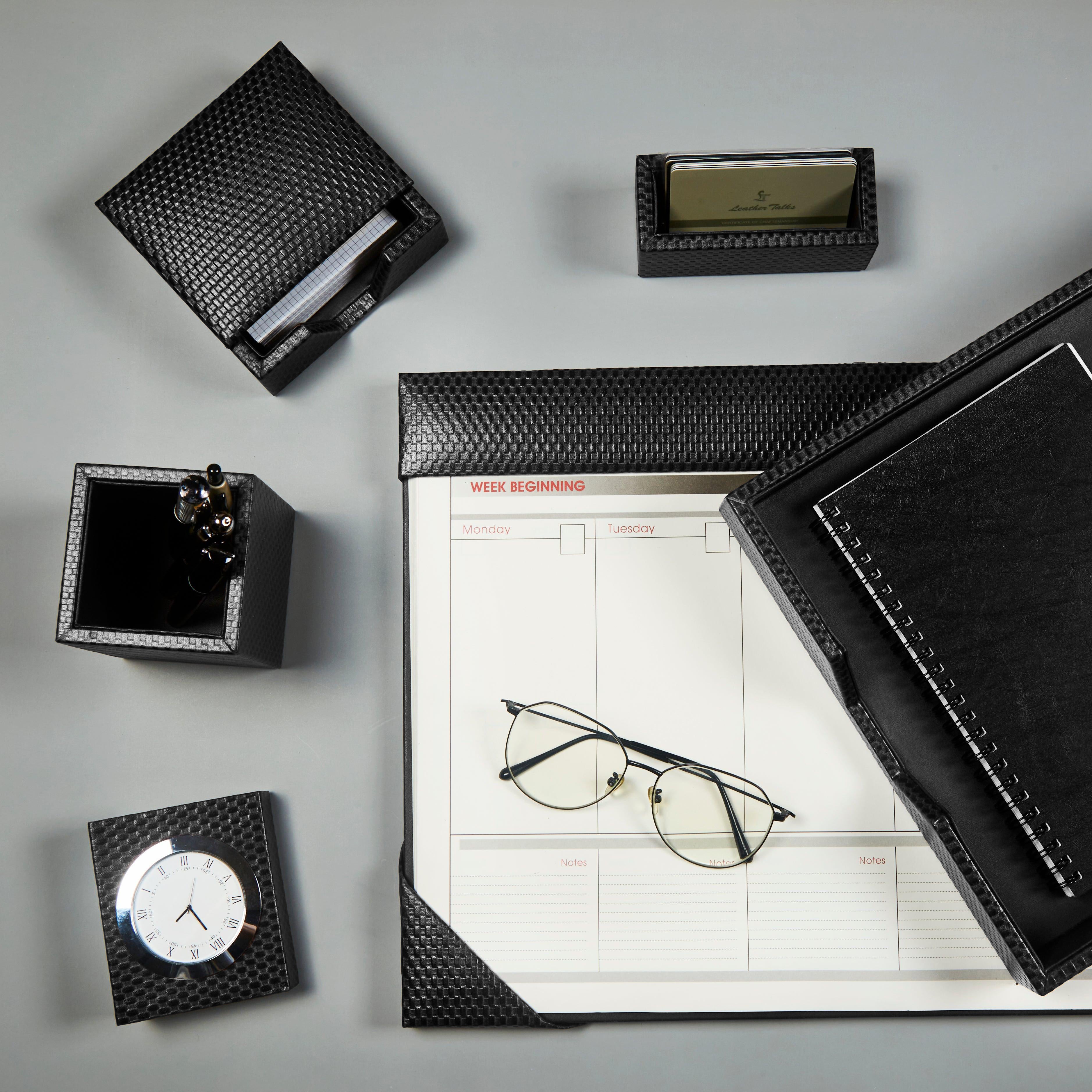 Desktop Planner Set II | Office Table Accessories | Embossed Genuine Leather | Color- Brick Black Leather Talks