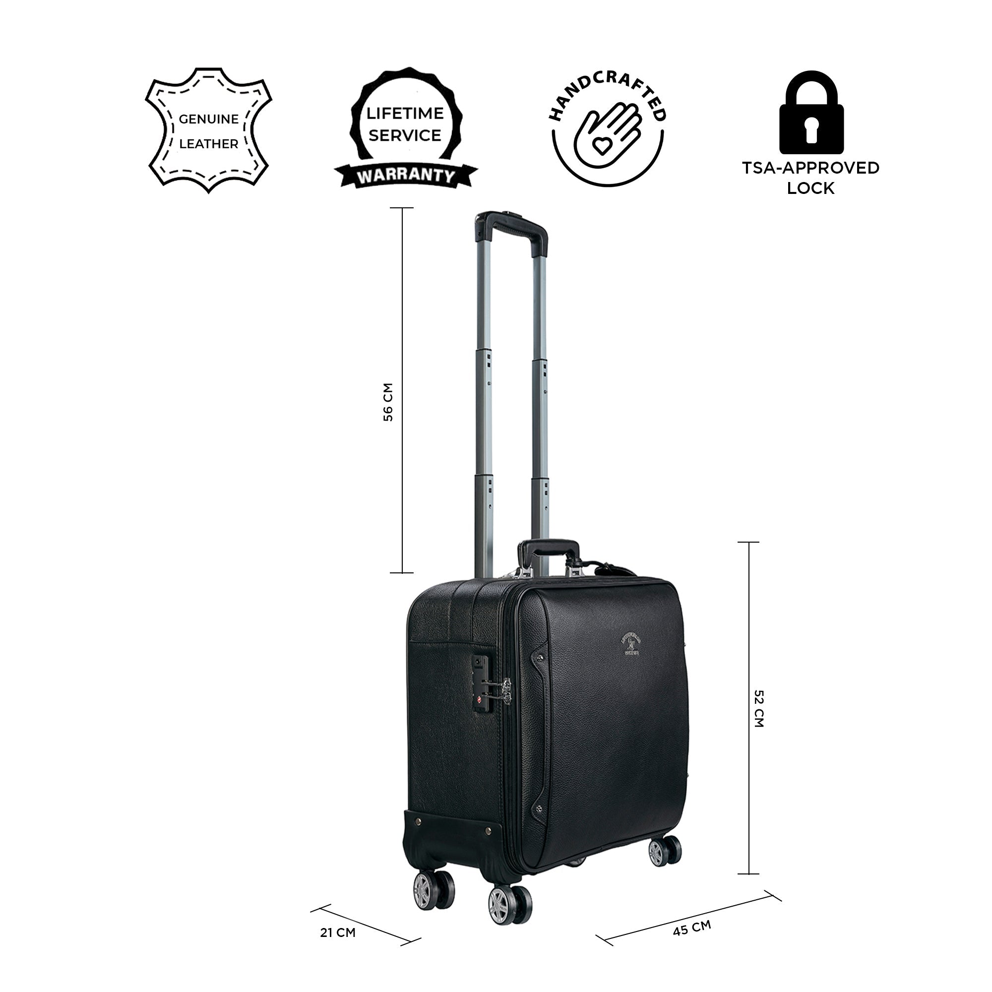 Austin Premium Genuine Leather Travel Trolley Bag | TSA Lock | Spinner Wheels | Laptop Compartment | Handcrafted in Korea | Designed in Italy | Black (20 inch) Leather Talks