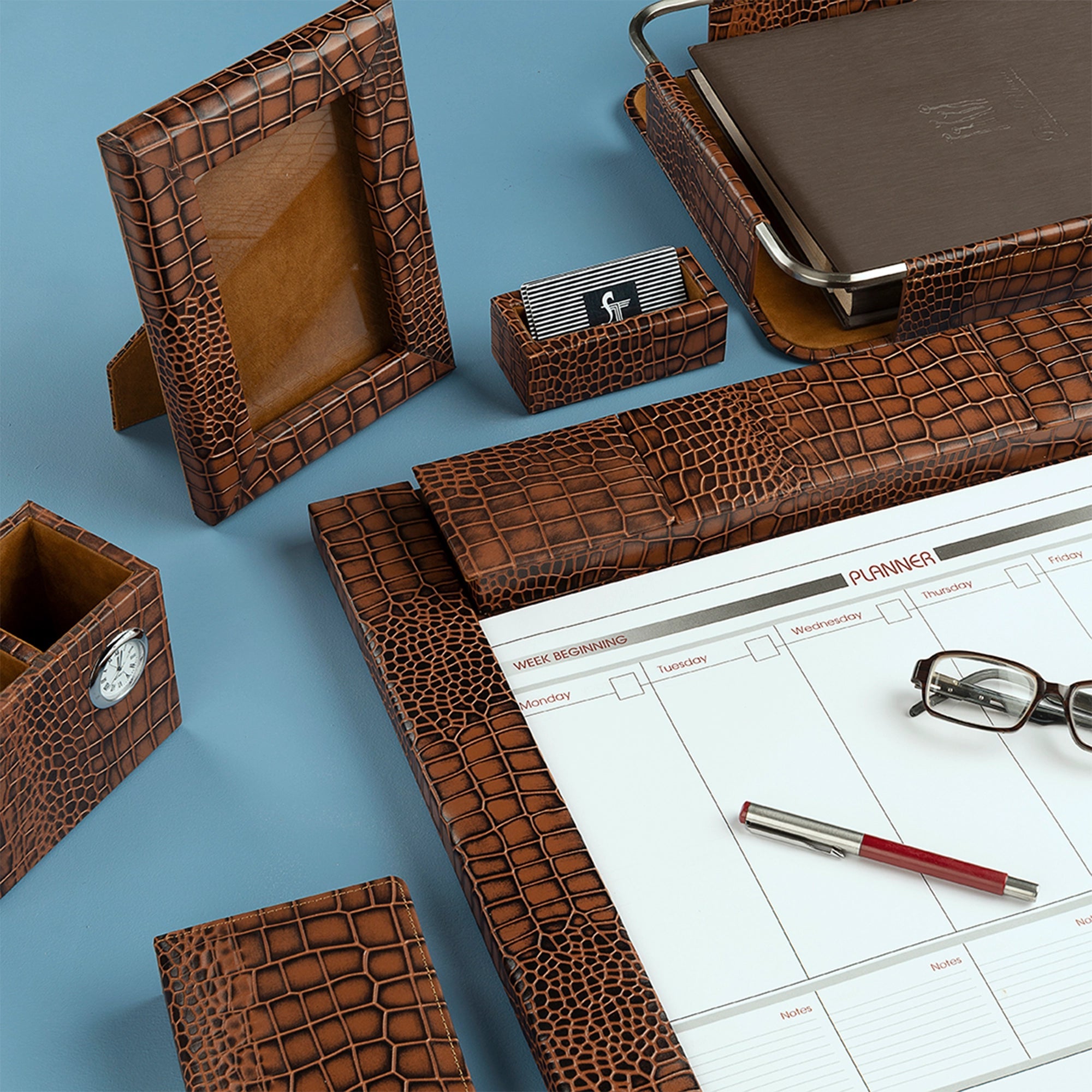 Corporate New Year Gift | Desktop Planner Set I | Office Table Accessories| Croco Embossed Genuine Leather | Color- Tan Leather Talks