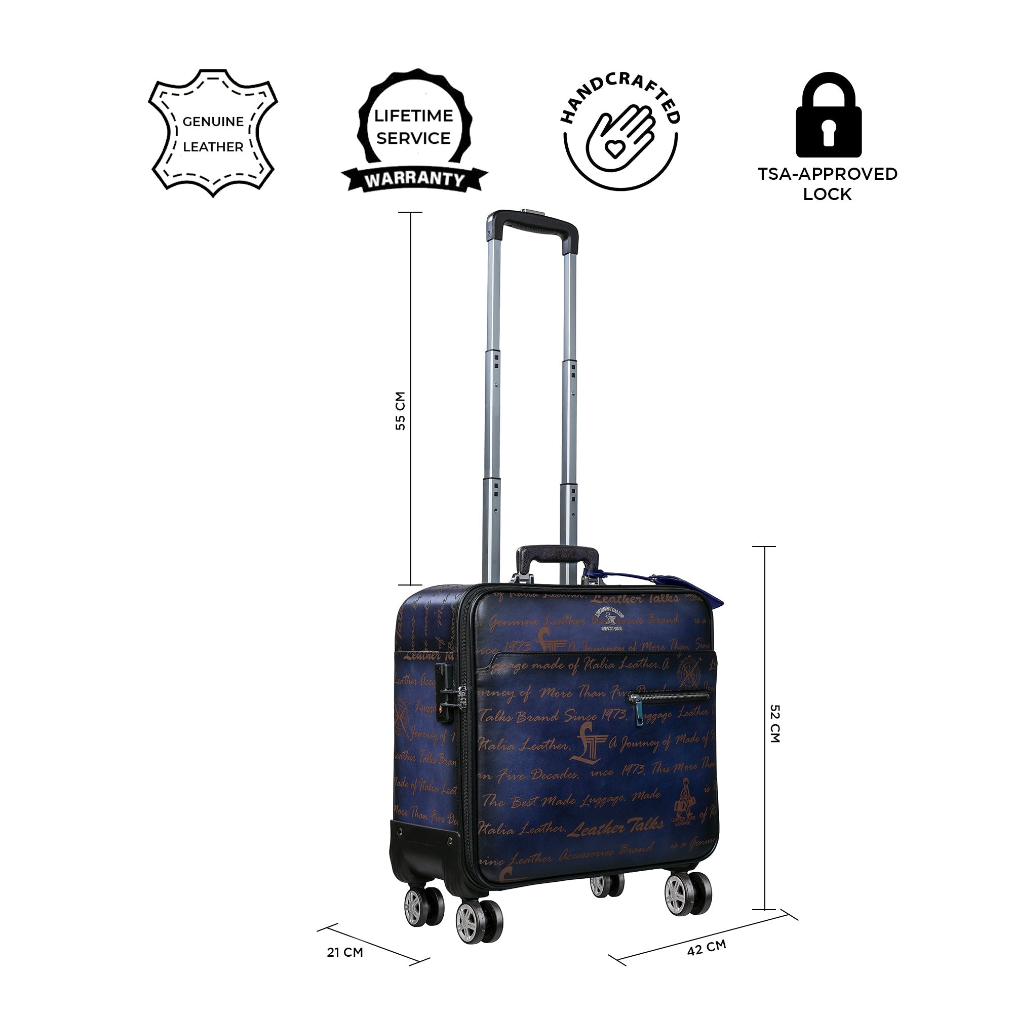 Condorium Premium Leather Trolley Bag | Cabin Luggage | TSA Lock | Spinner Wheels | Laptop Compartment | Carry-On Business Travel Bag | Color: Blue (16inch) Leather Talks