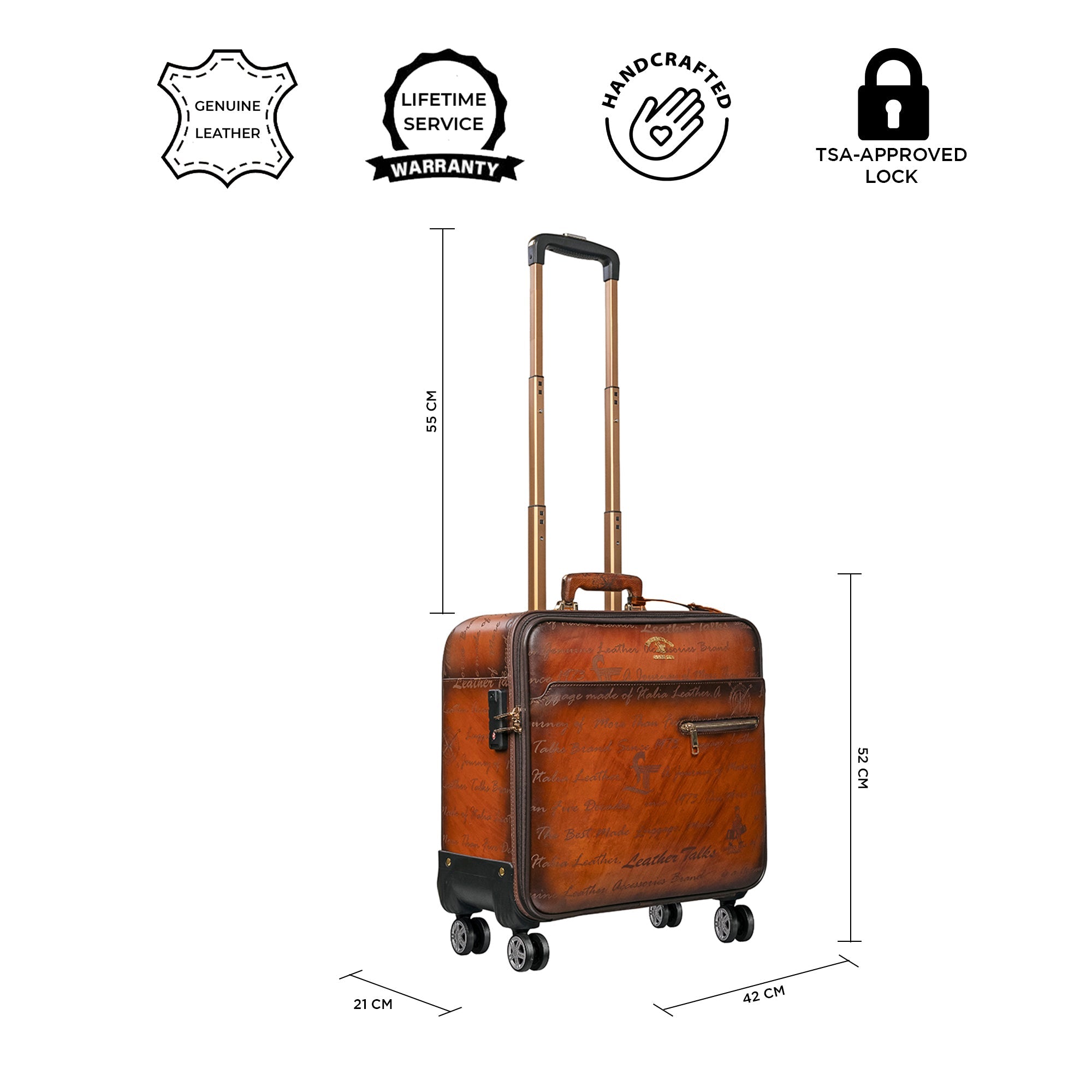 Condorium Premium Leather Trolley Bag | Cabin Luggage | TSA Lock | Spinner Wheels | Laptop Compartment | Carry-On Business Travel Bag | Color: Tan (16inch) Leather Talks