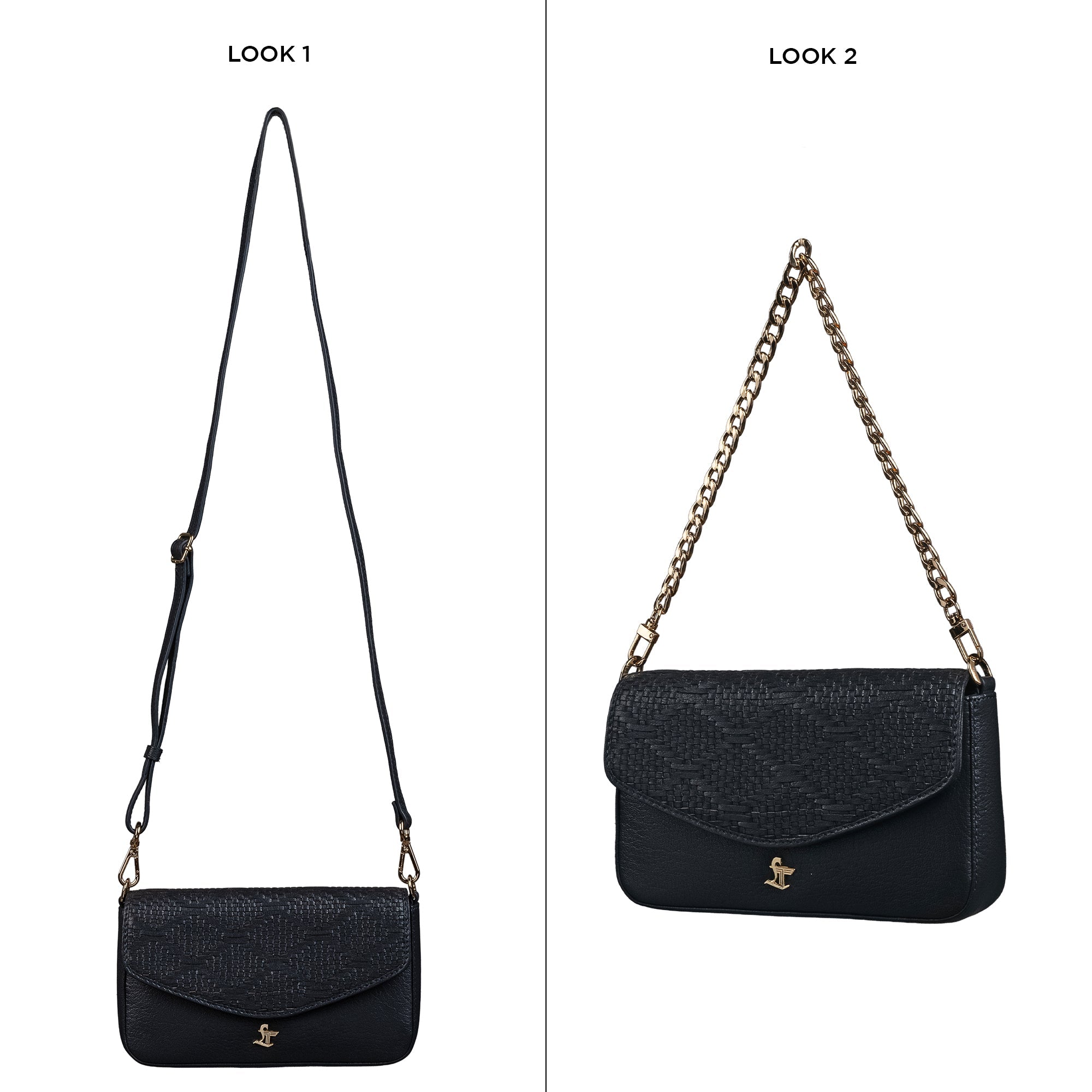 Genuine Leather Sling Bag for Women | Hand-Woven Crossbody Bag | Two Looks in One | Luxury Mini Shoulder Bag for Evening & Casual Wear | Color: Black Leather Talks