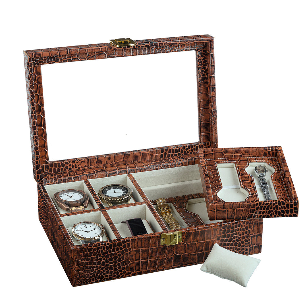 Galio Leather Watch Box / Case | 100% Genuine Leather | Can Hold 8 Watches | Acrylic Glass Top | Color: Croco Tan Leather Talks