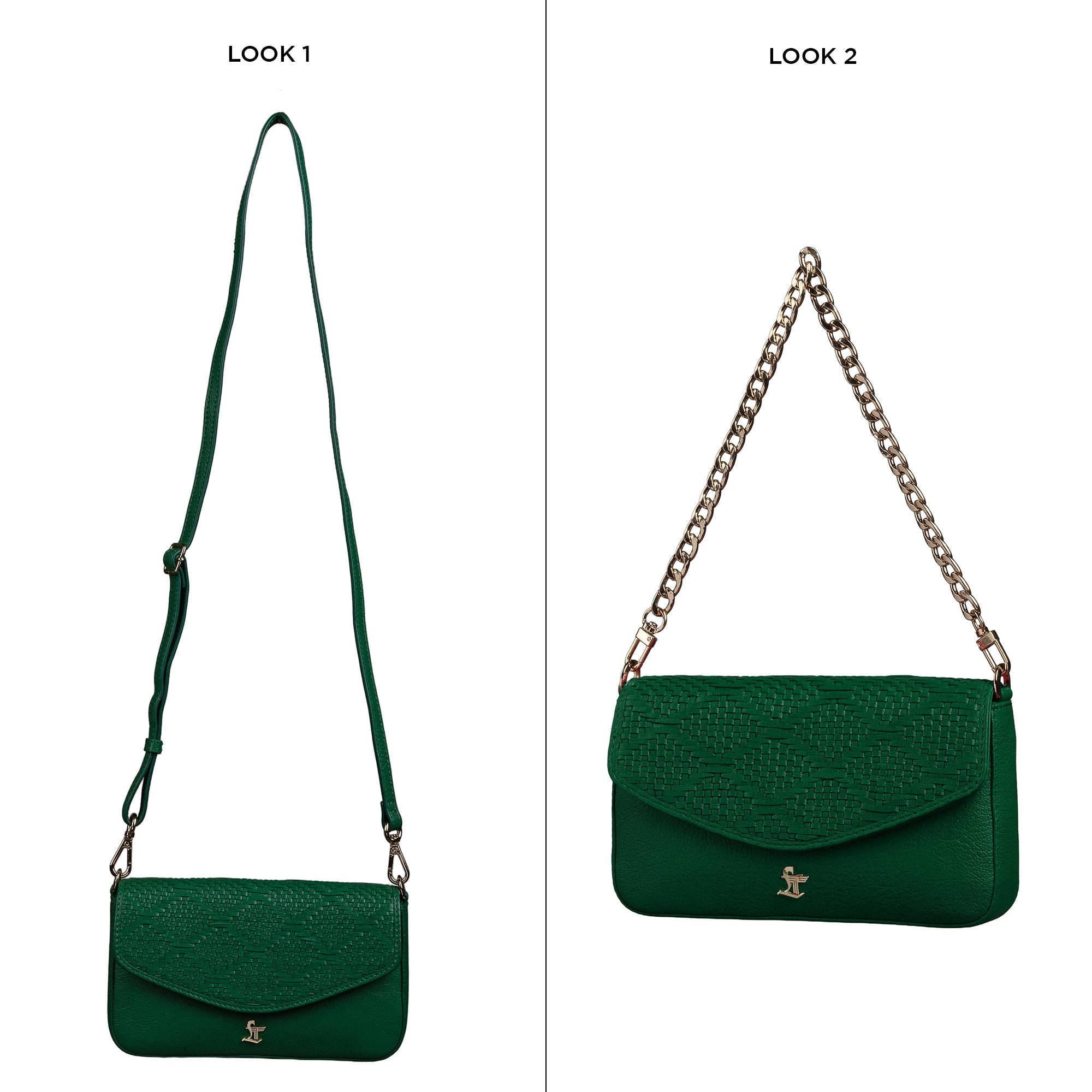 Lucia Genuine Leather Sling Bag for Women | Hand-Woven Crossbody Bag | Two Looks in One | Luxury Mini Shoulder Bag for Evening & Casual Wear | Color: Green Leather Talks