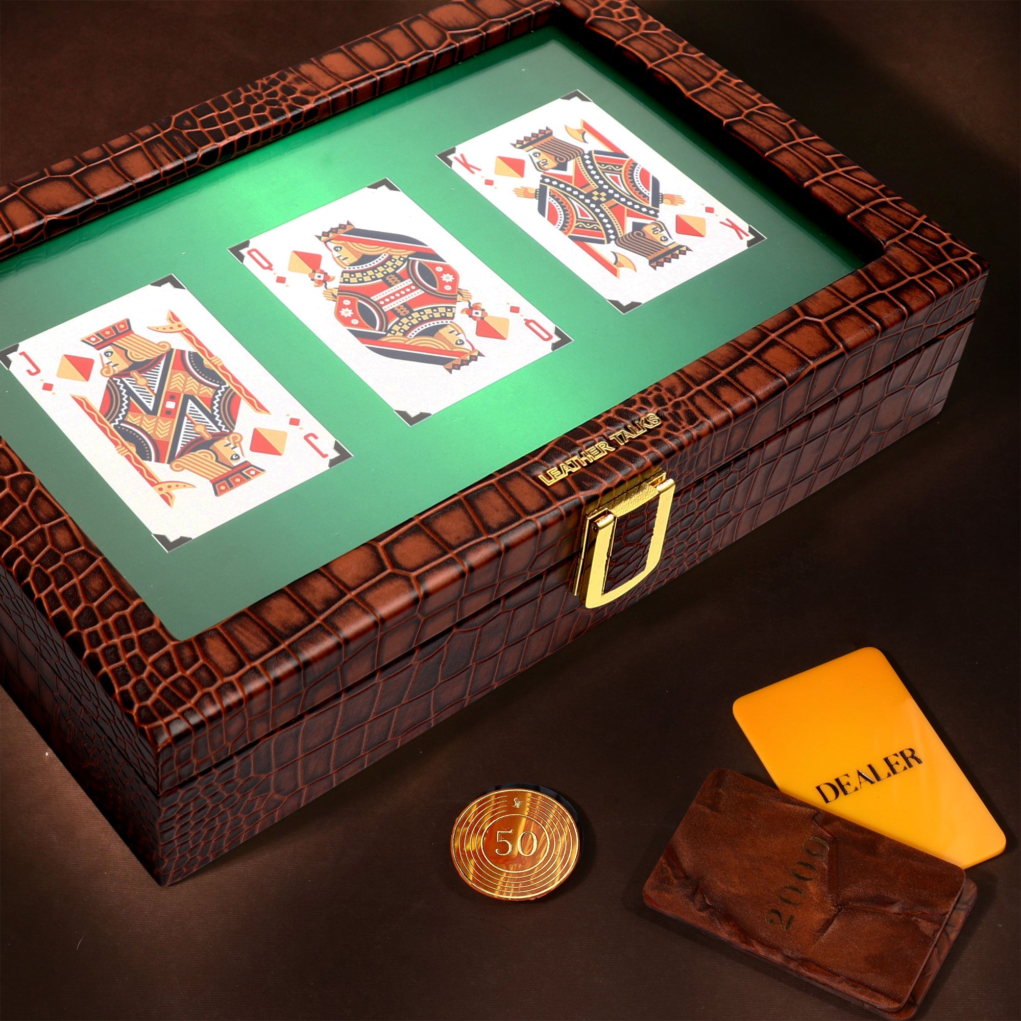 Leather Poker Box | Croco Embossed Genuine Leather | Luxury Playing Card Case | Premium Poker Gift Set | Color: Tan Leather Talks