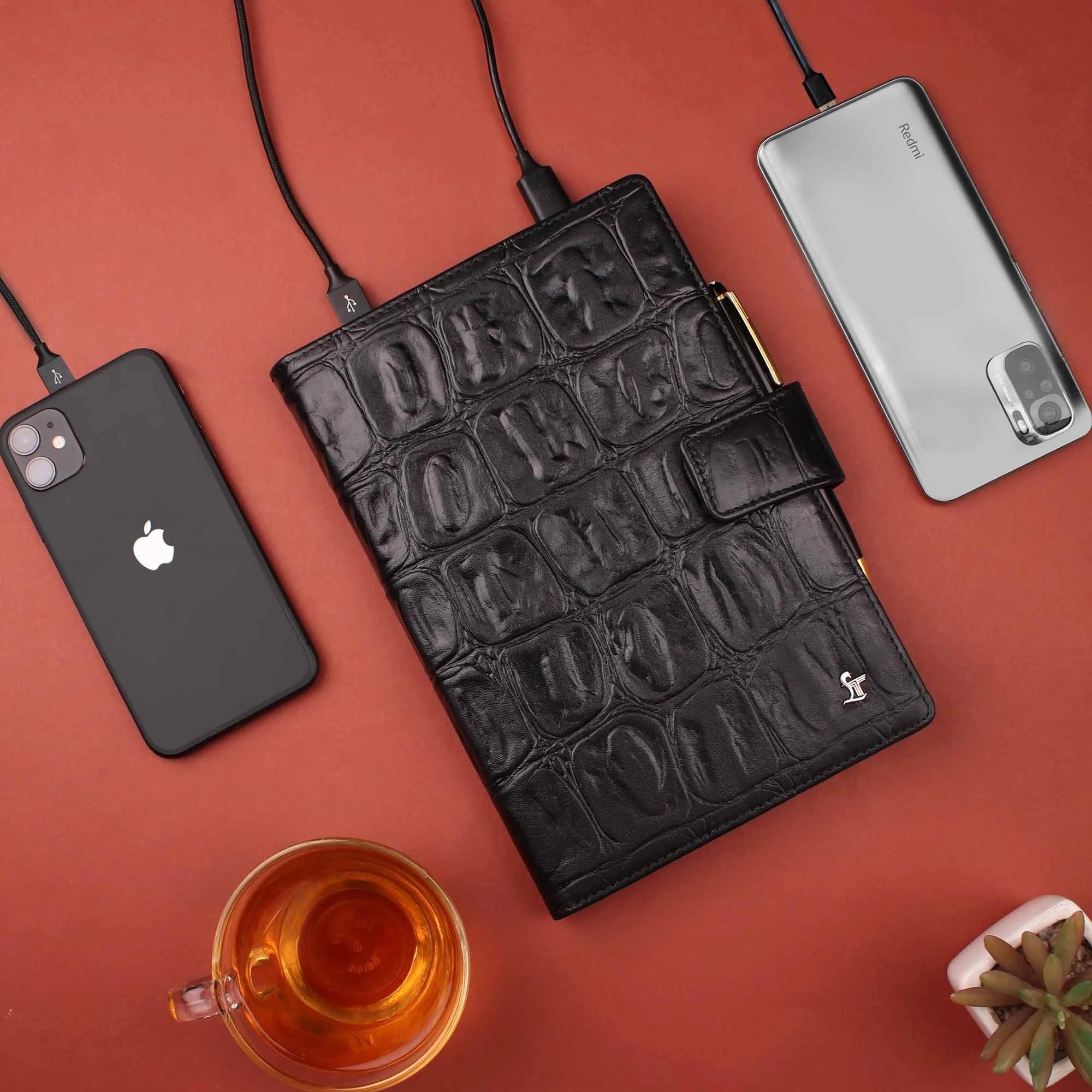 LT Smart Leather Notebook with Power Bank (5000 mAh) | Diary with Power Bank | Color: Crocotail Black LeatherTalks