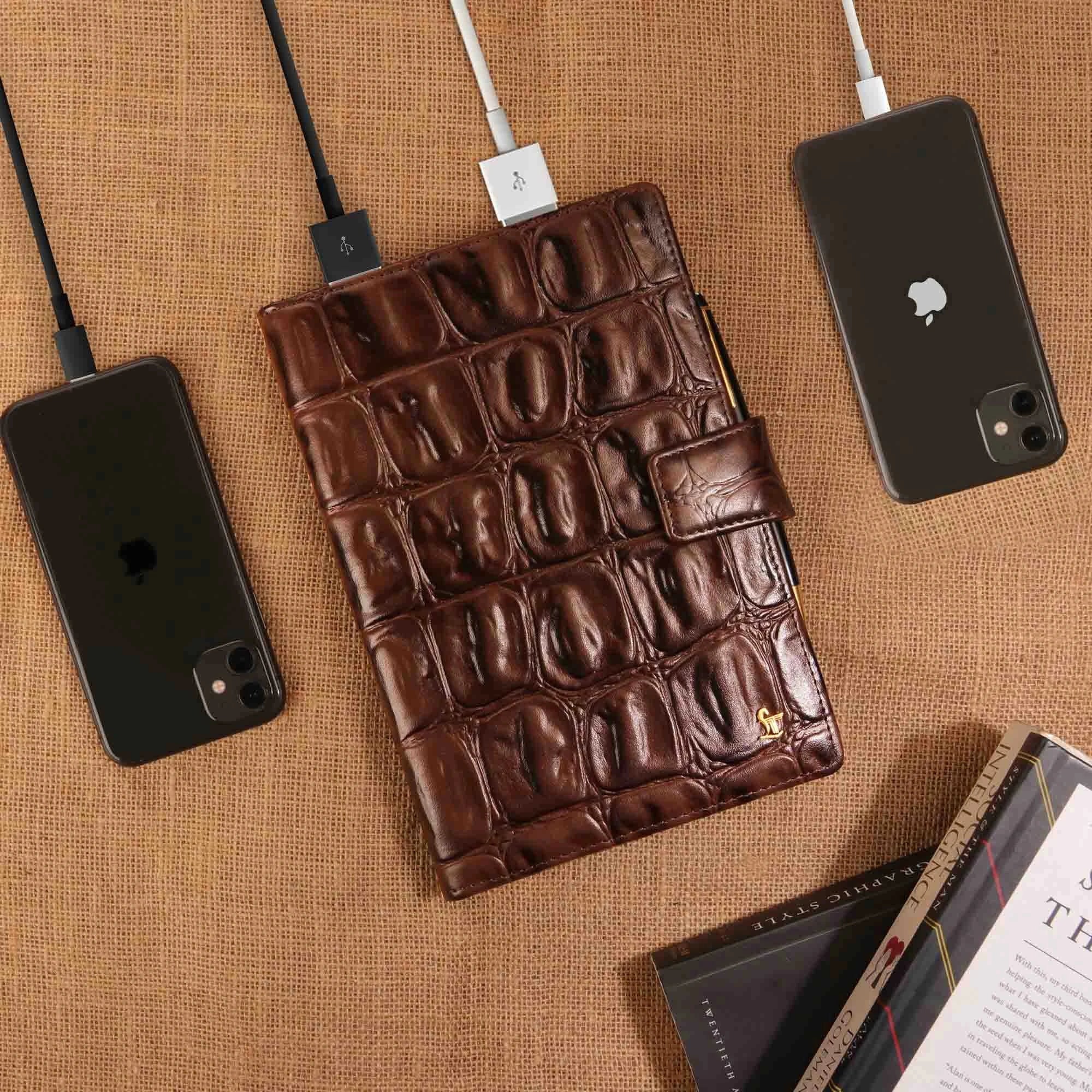 LT Smart Leather Notebook with Power Bank (5000 mAh) | Diary with Power Bank | Color: Brown LeatherTalks