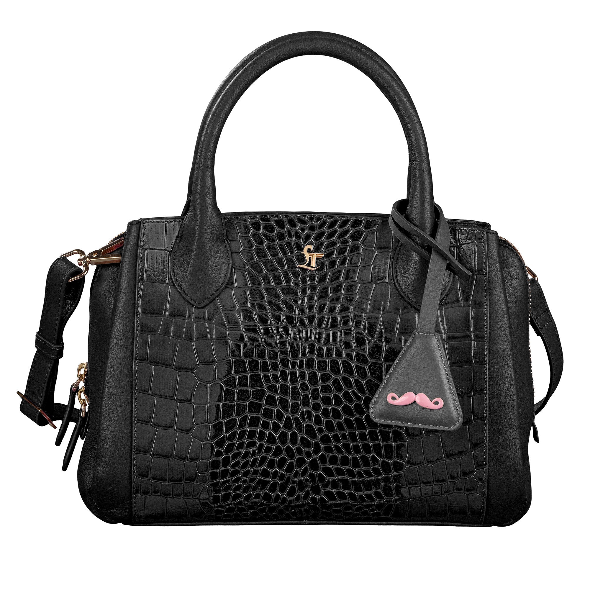 Clara Jr. Leather Handbag for Women | Genuine Black Croco Embossed Sling Bag | Color: Black Leather Talks