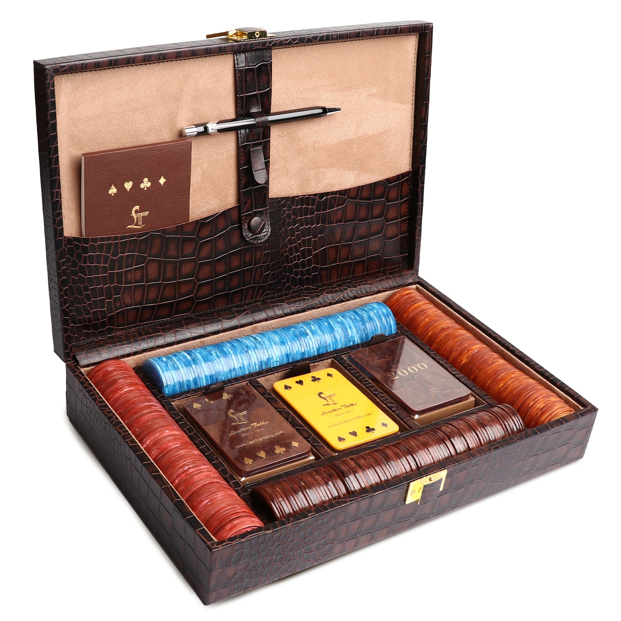 Leather Poker Box | Croco Embossed Genuine Leather | Color: Brown, Blue & Tan Leather Talks
