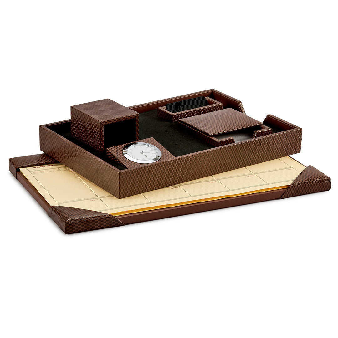 Corporate New Year Gift | Desktop Planner Set II | Office Table Accessories | Embossed Genuine Leather | Color- Brick Brown Leather Talks