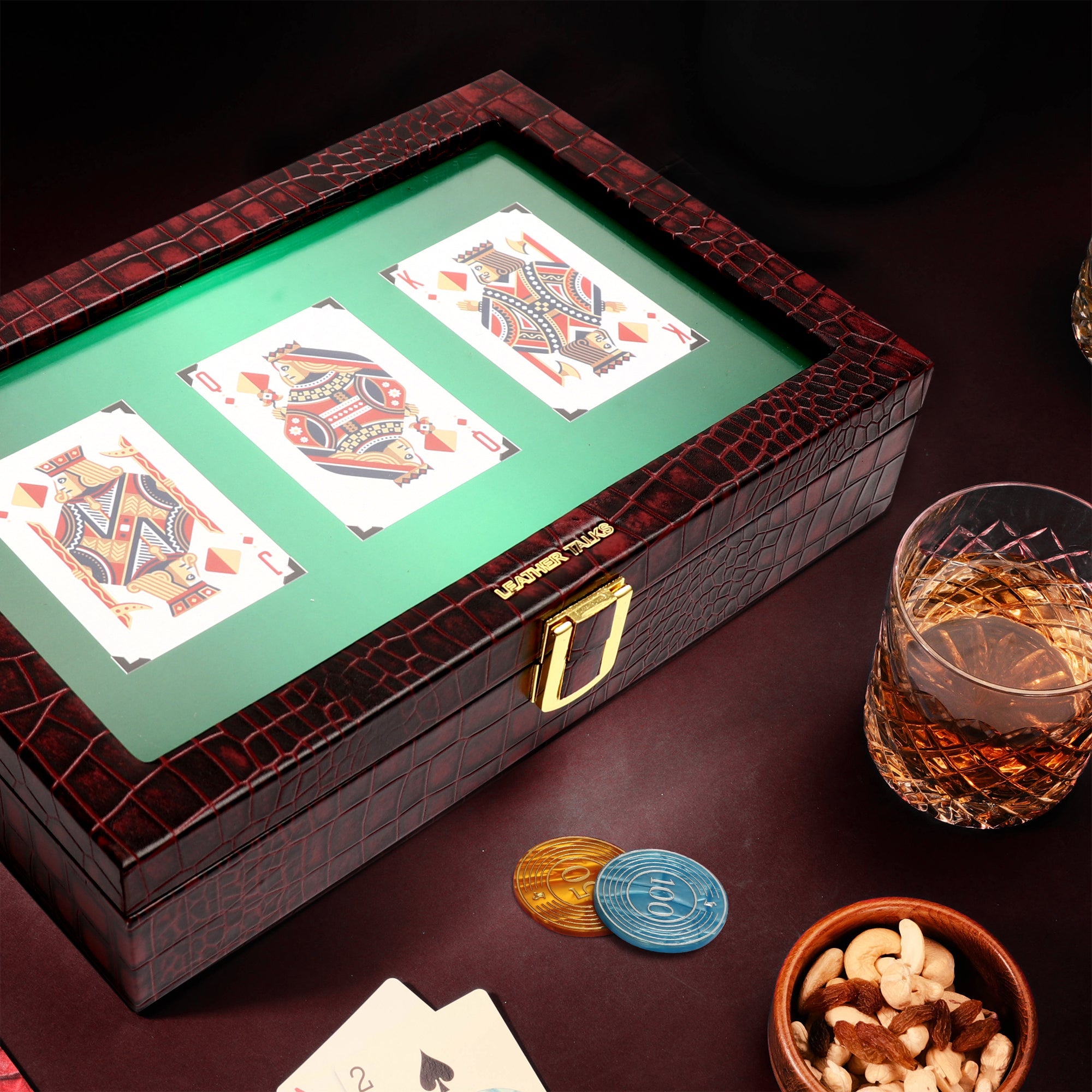 Leather Poker Box | Croco Embossed Genuine Leather | Color: Cherry Leather Talks