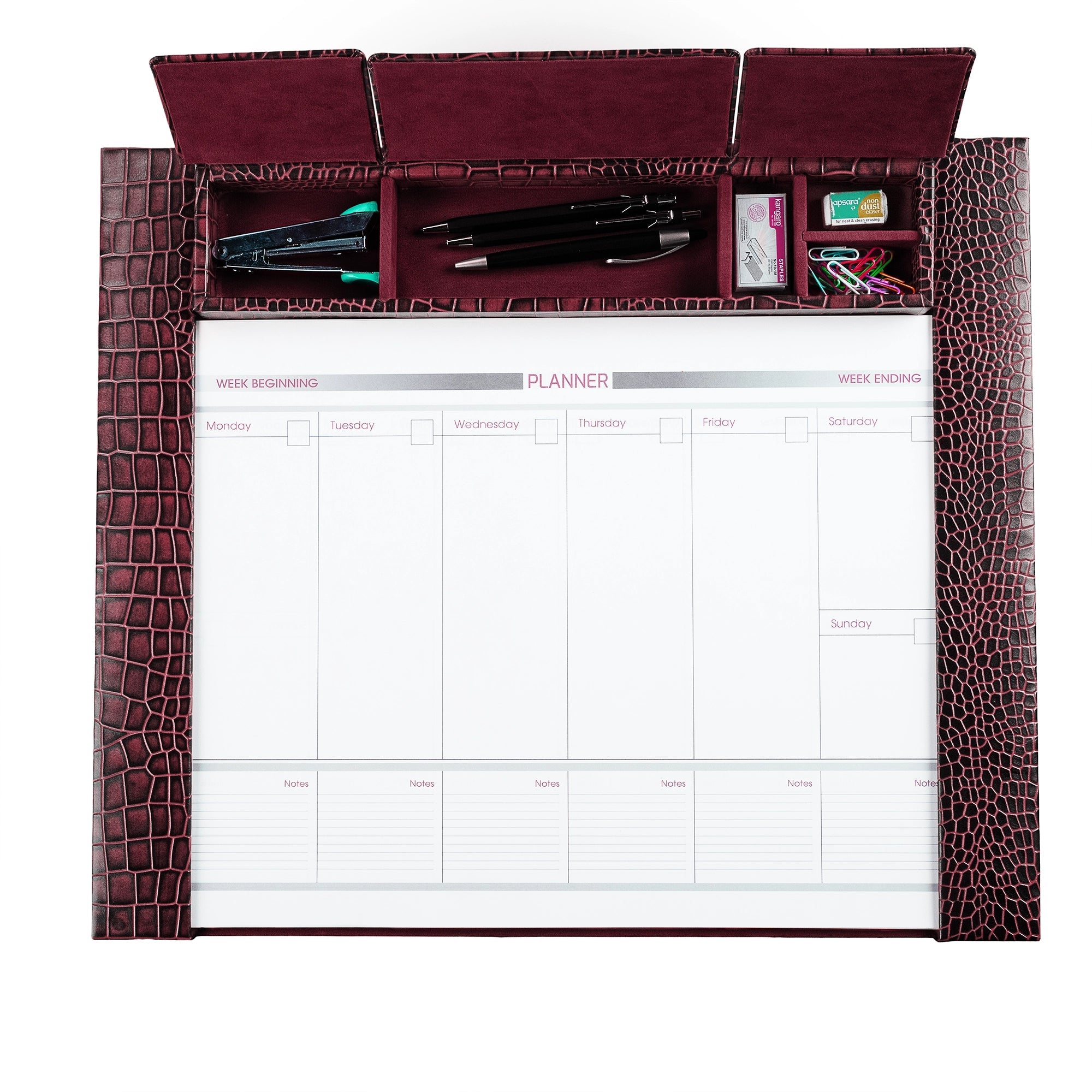 Corporate New Year Gift | Desktop Planner Set I | Office Table Accessories| Croco Embossed Genuine Leather | Color- Cherry Leather Talks