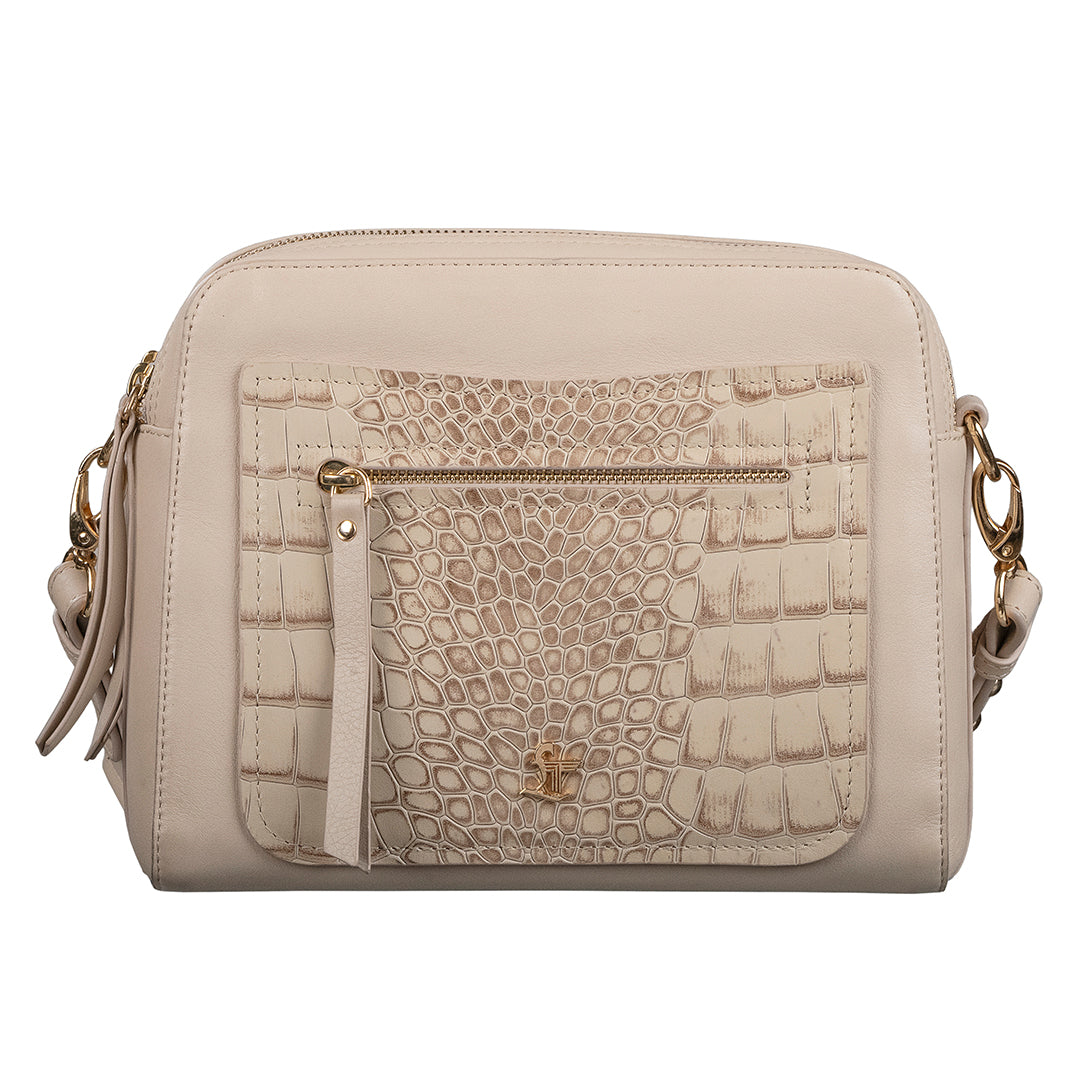 Clara Women’s Genuine Leather Sling Bag | Croco Embossed Crossbody & Travel Purse| Color- Beige Leather Talks