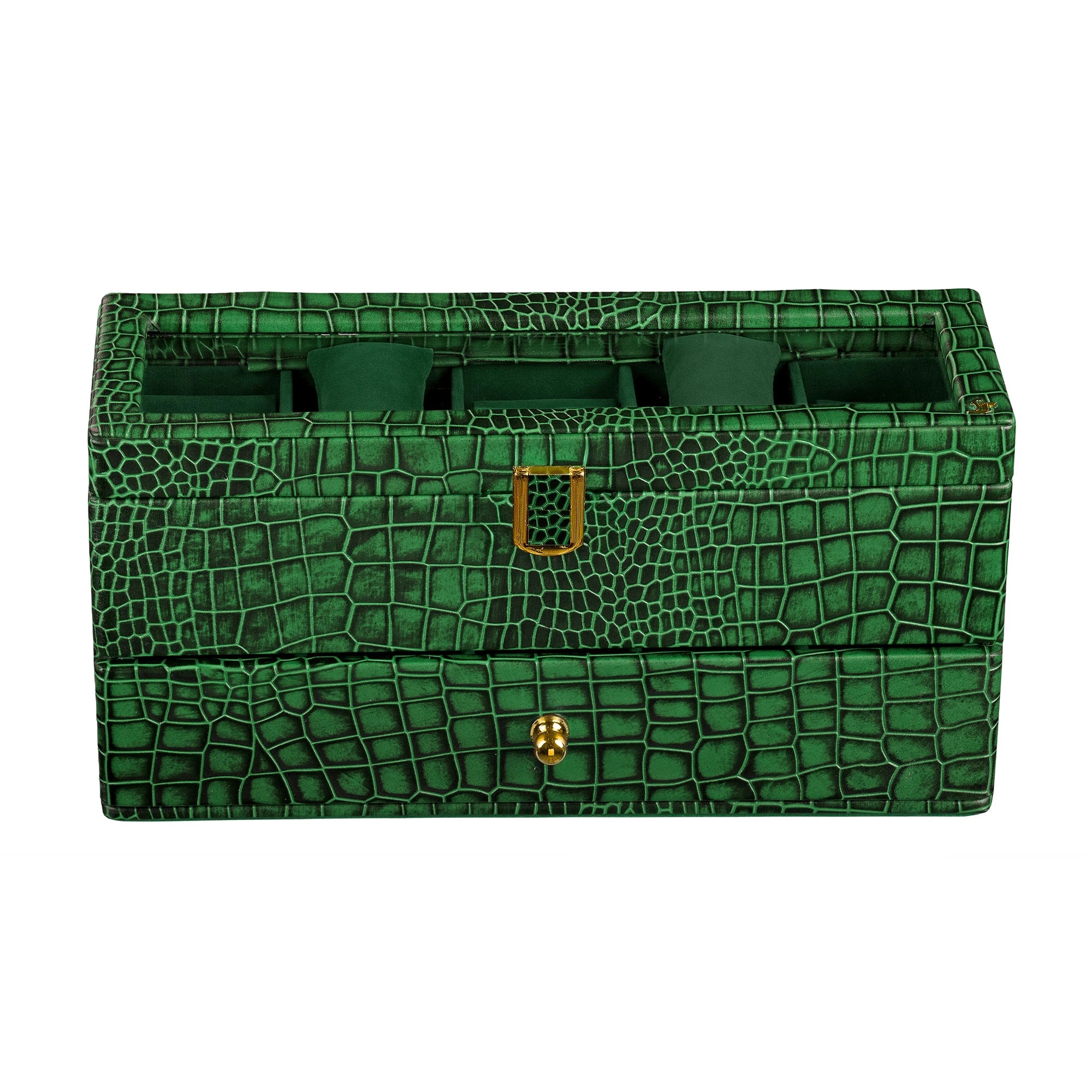 Bronx II Leather Watch Box / Case | 100% Genuine Leather | Can Hold 10 Watches | Acrylic Glass Top | Color: Croco Green Leather Talks