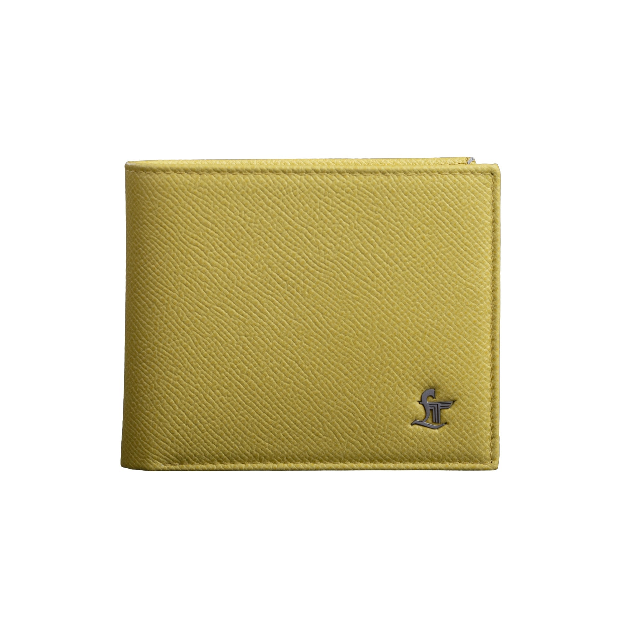 Premium genuine leather men’s bi-fold wallet front view with LT metal logo