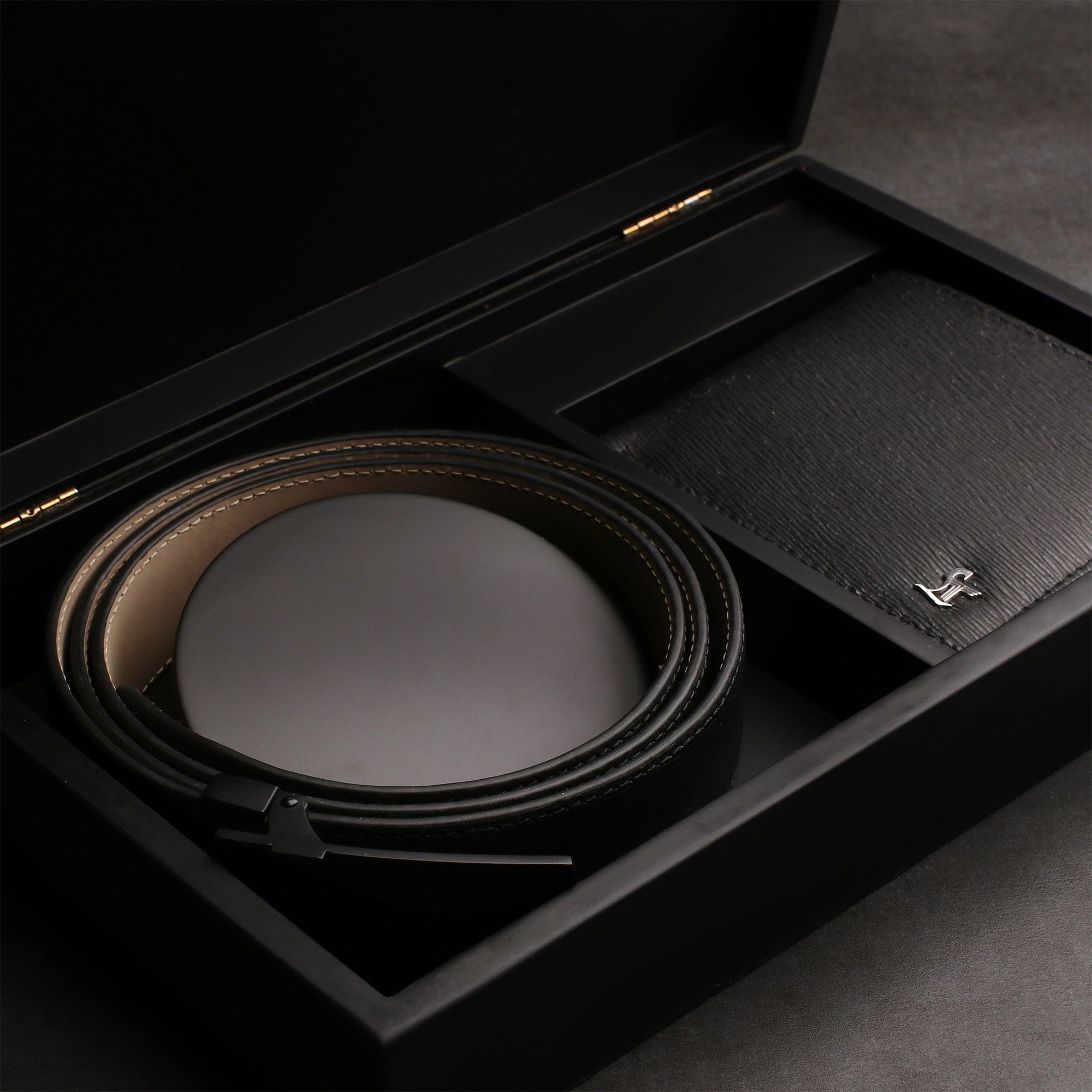 Premium Italian Wood Finish Leather Wallet & Belt Set | Wallet Belt Set with Wooden Gift Box | Colour: Black Leather Talks