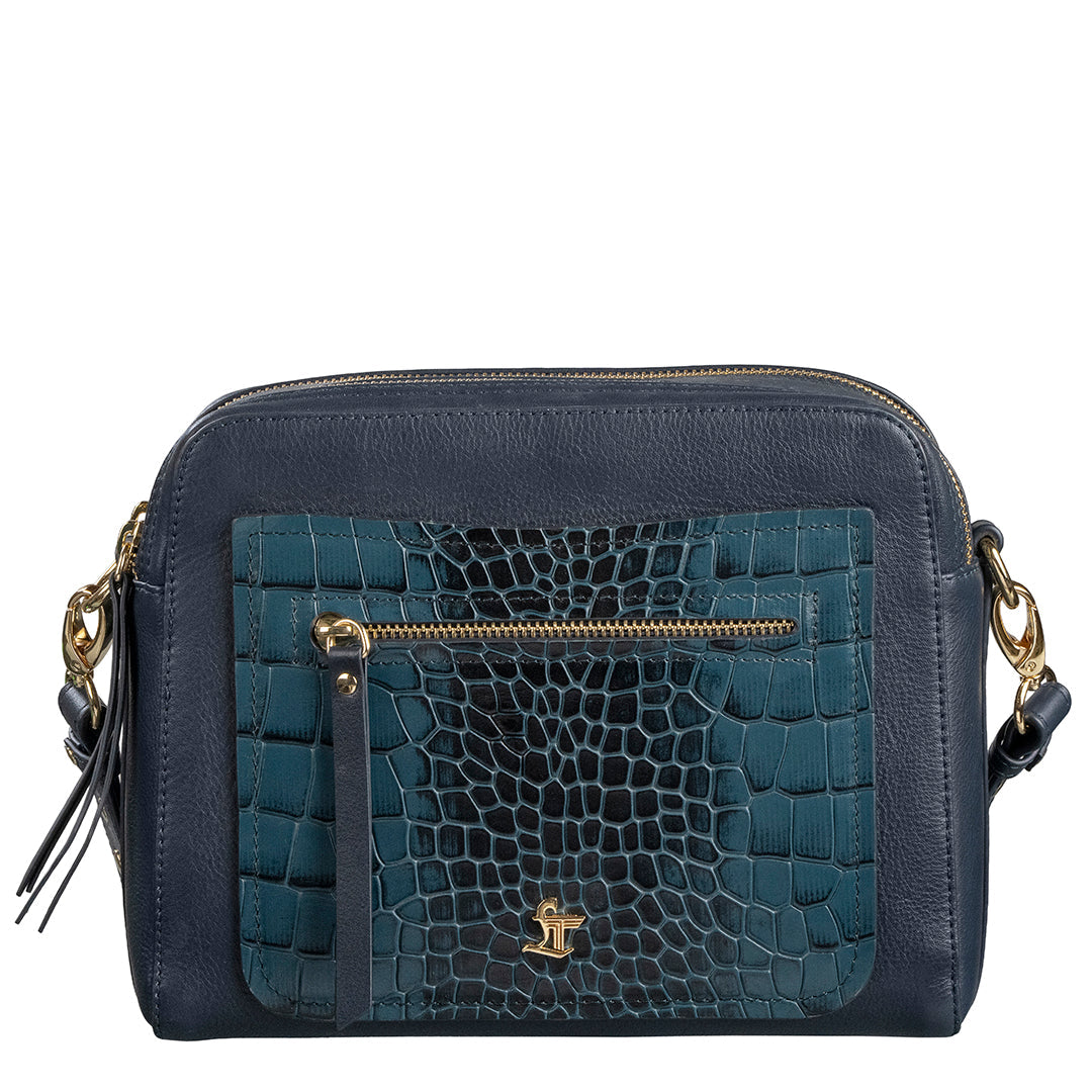 Clara Women’s Genuine Blue Leather Sling Bag | Front View