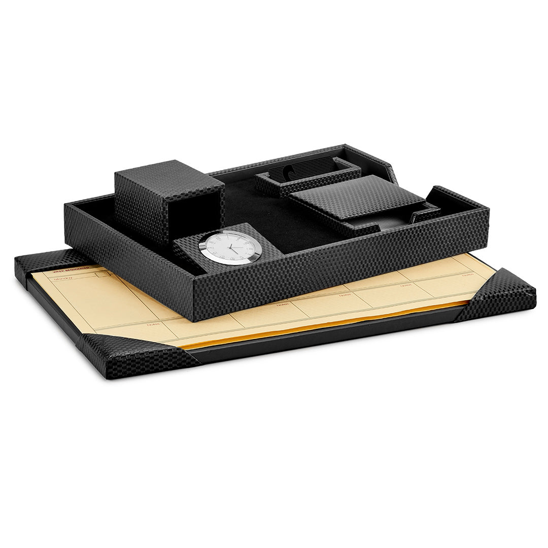 Desktop Planner Set II | Office Table Accessories | Embossed Genuine Leather | Color- Brick Black Leather Talks