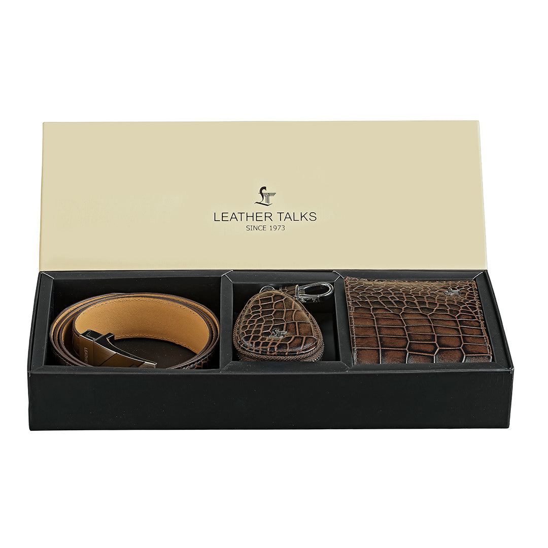 Set of III Gift Set Men's Croco Belt, Wallet & Prime Key Pouch - Premium Leather Accessories | Color- Brown Leather Talks