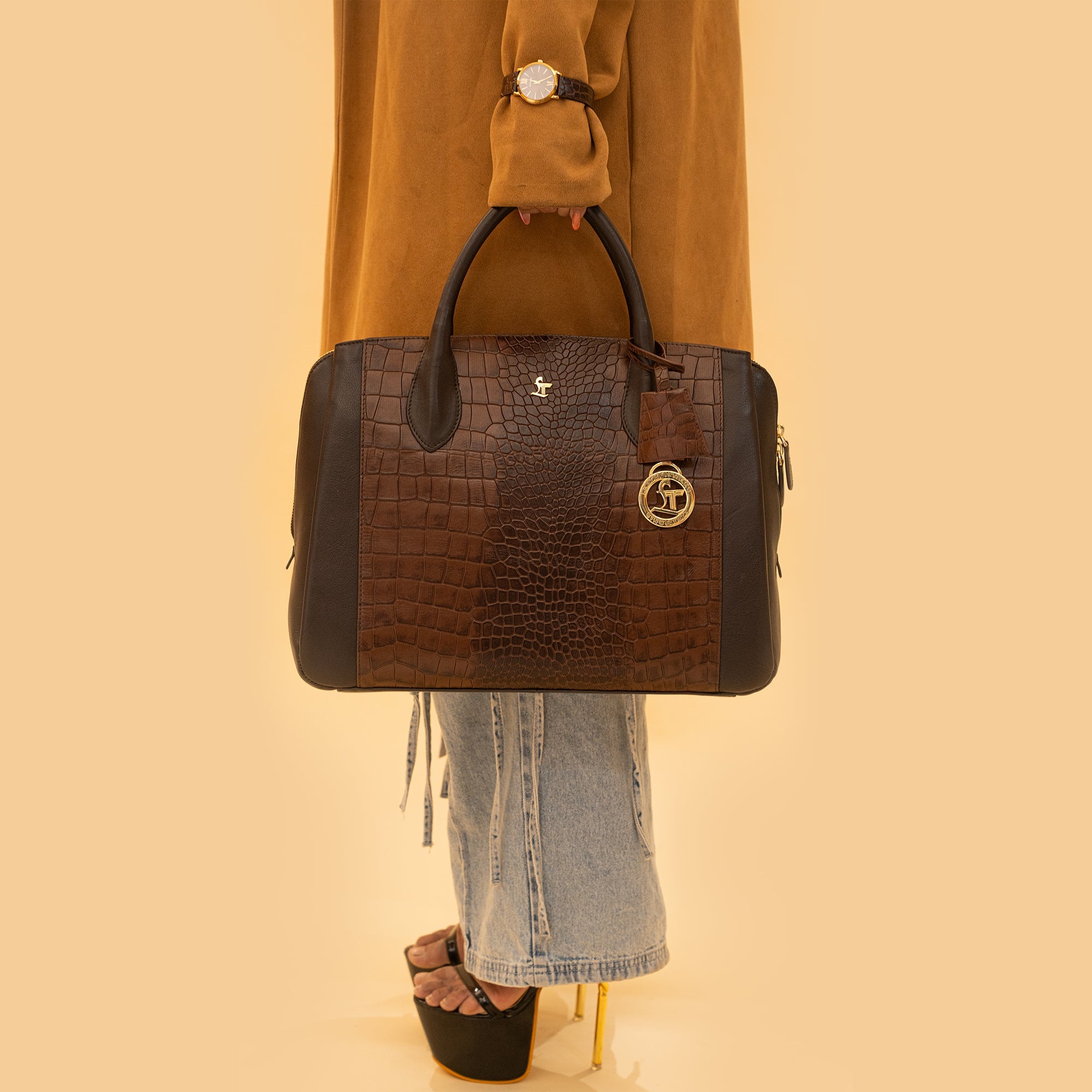 Clara Sr. Leather Laptop Carry Bag | Large Croco Embossed Tote Bag for Women | Genuine Leather Shoulder Bag for Office, Travel & Everyday Use |Color: Brown, Black, Blue, Pink, Beige Leather Talks