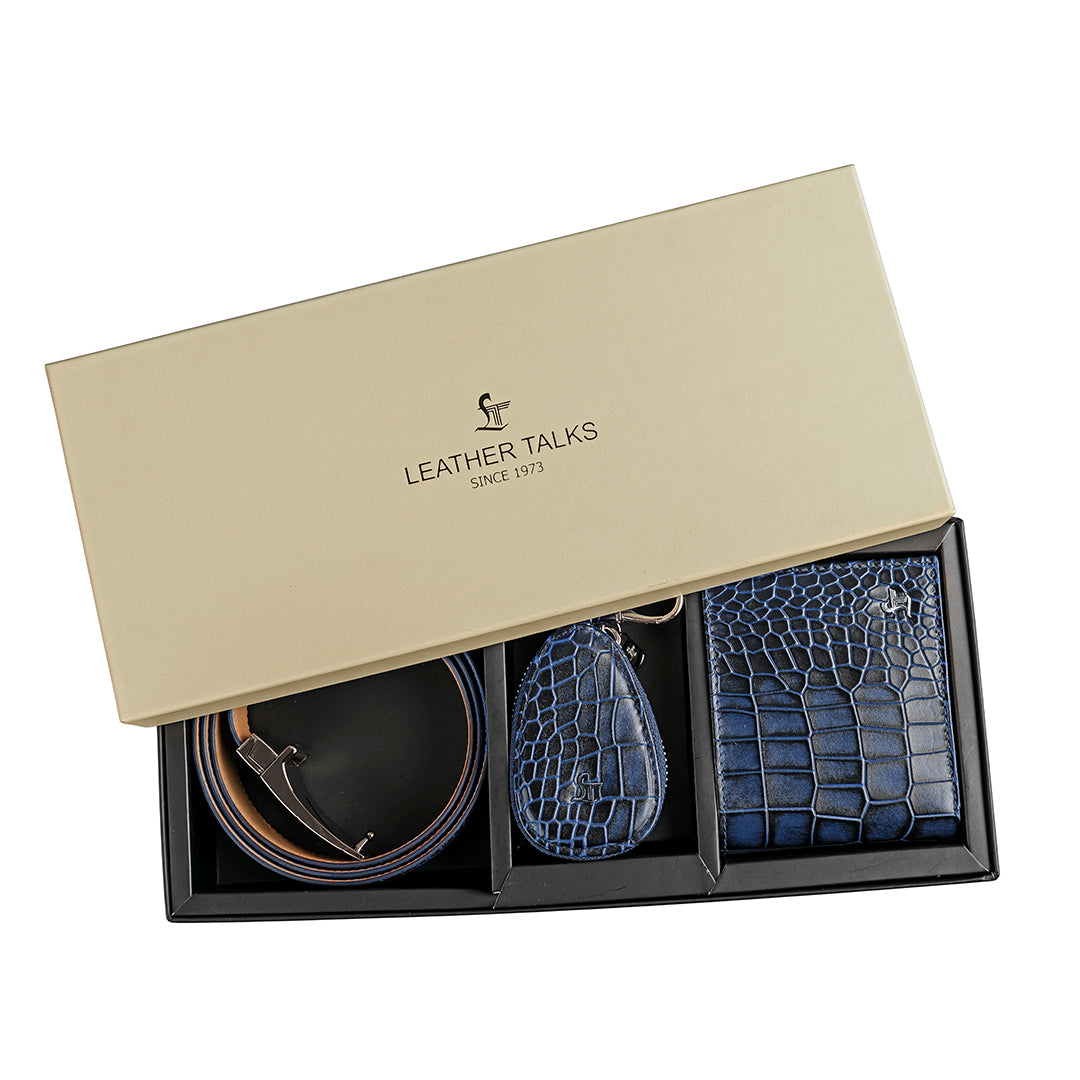 Set of III Gift Set Men's Croco Belt, Wallet & Prime Key Pouch - Premium Leather Accessories | Color- Blue Leather Talks