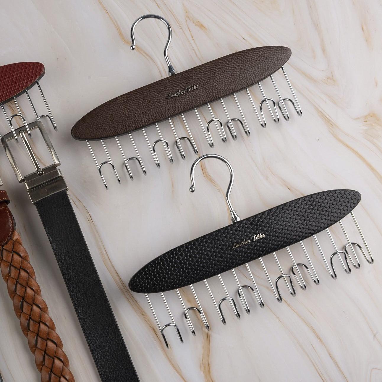 Leather Wooden Belt Hanger | 8 Hooks & 360° Swivel | Color : Brick Black & Cherry