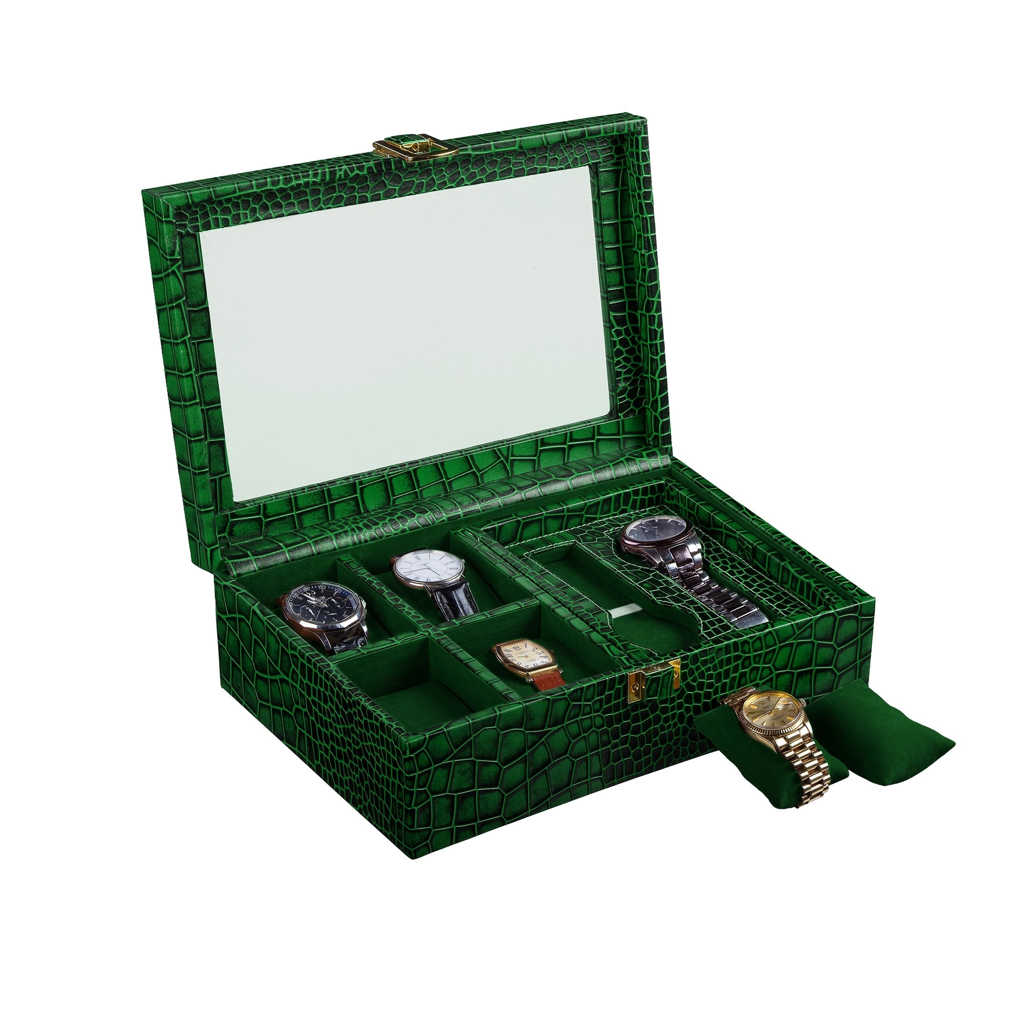 Galio Watch Box 8 Slots | Luxury Genuine Leather Watch Organizer for Men | Premium Watch Storage Case | Color: Croco Green Leather Talks