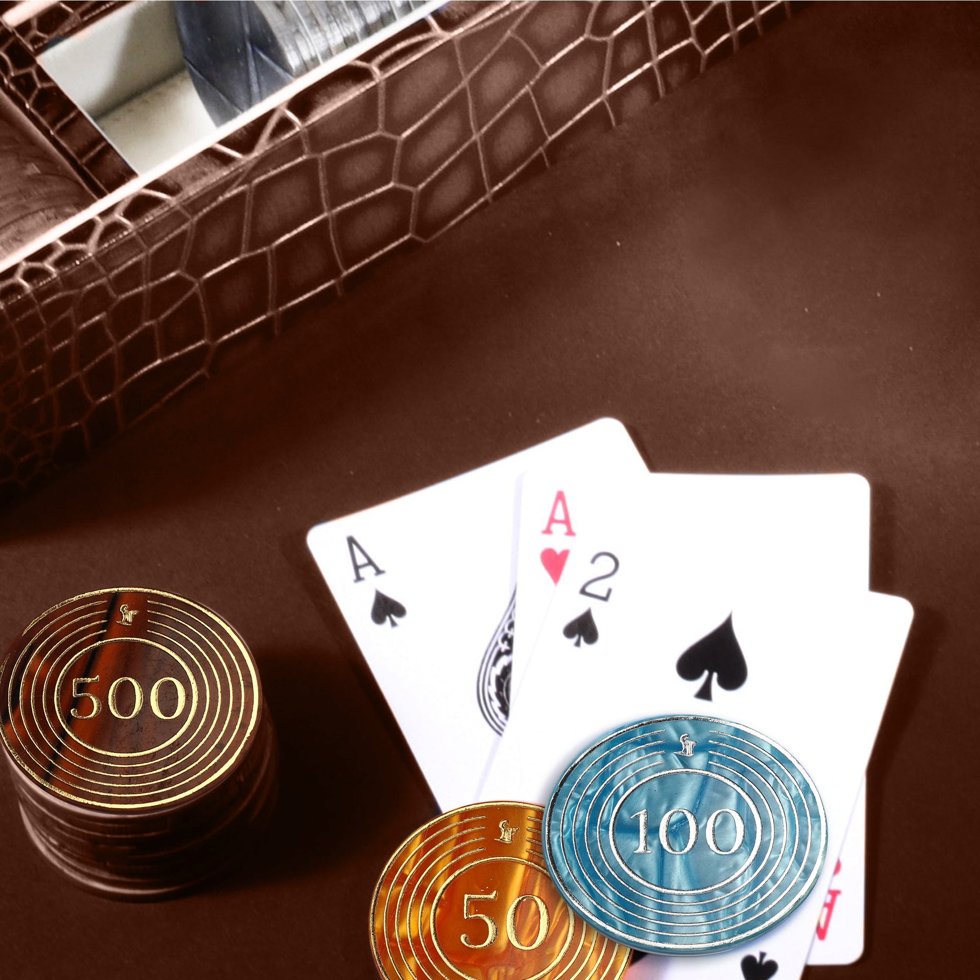 Leather Poker Box | Croco Embossed Genuine Leather | Color: Brown, Blue & Tan Leather Talks
