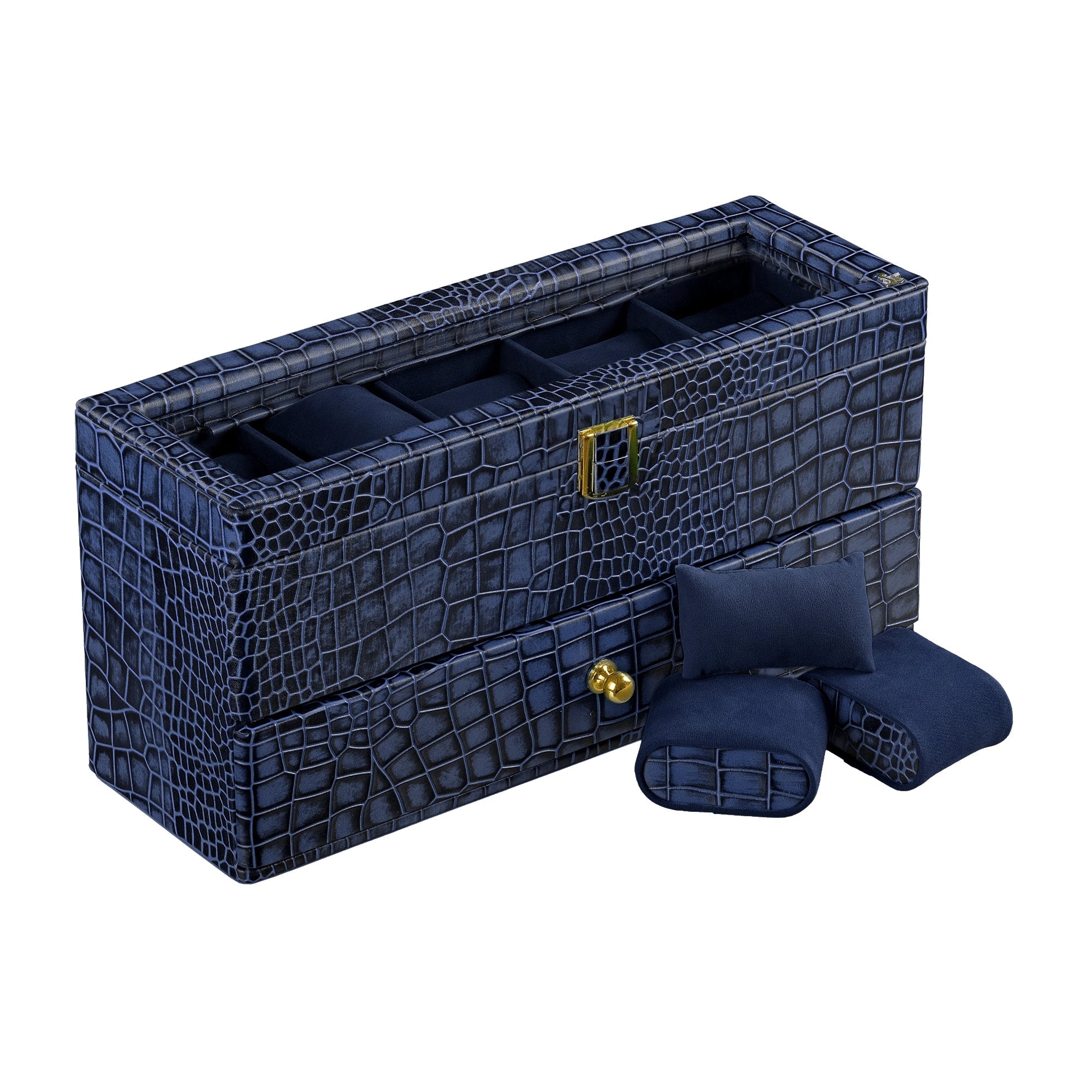 Bronx II Leather Watch Box / Case | 100% Genuine Leather | Can Hold 10 Watches | Acrylic Glass Top | Color: Croco Blue Leather Talks