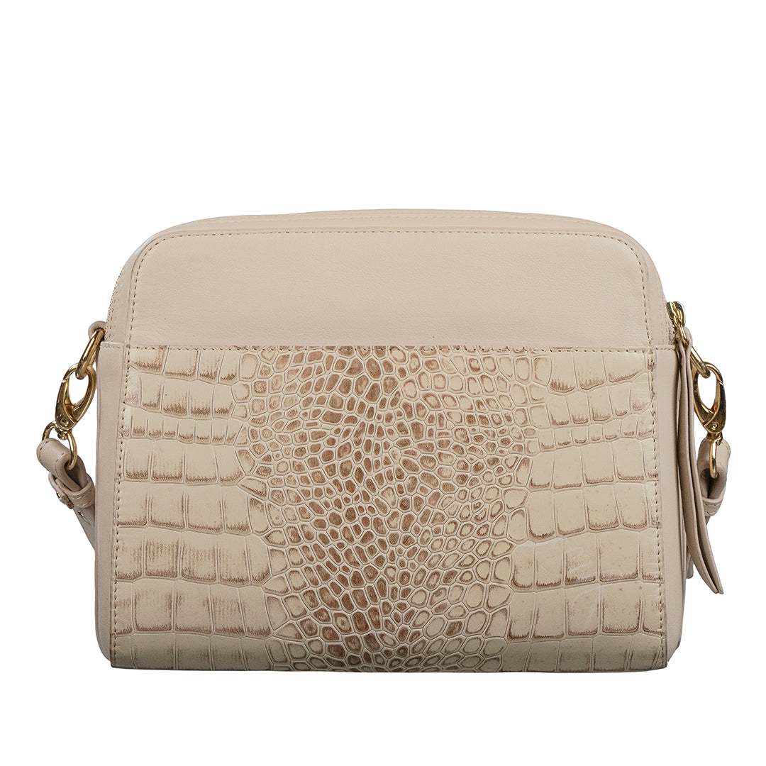 Clara Women’s Genuine Leather Sling Bag | Croco Embossed Crossbody & Travel Purse| Color- Beige Leather Talks
