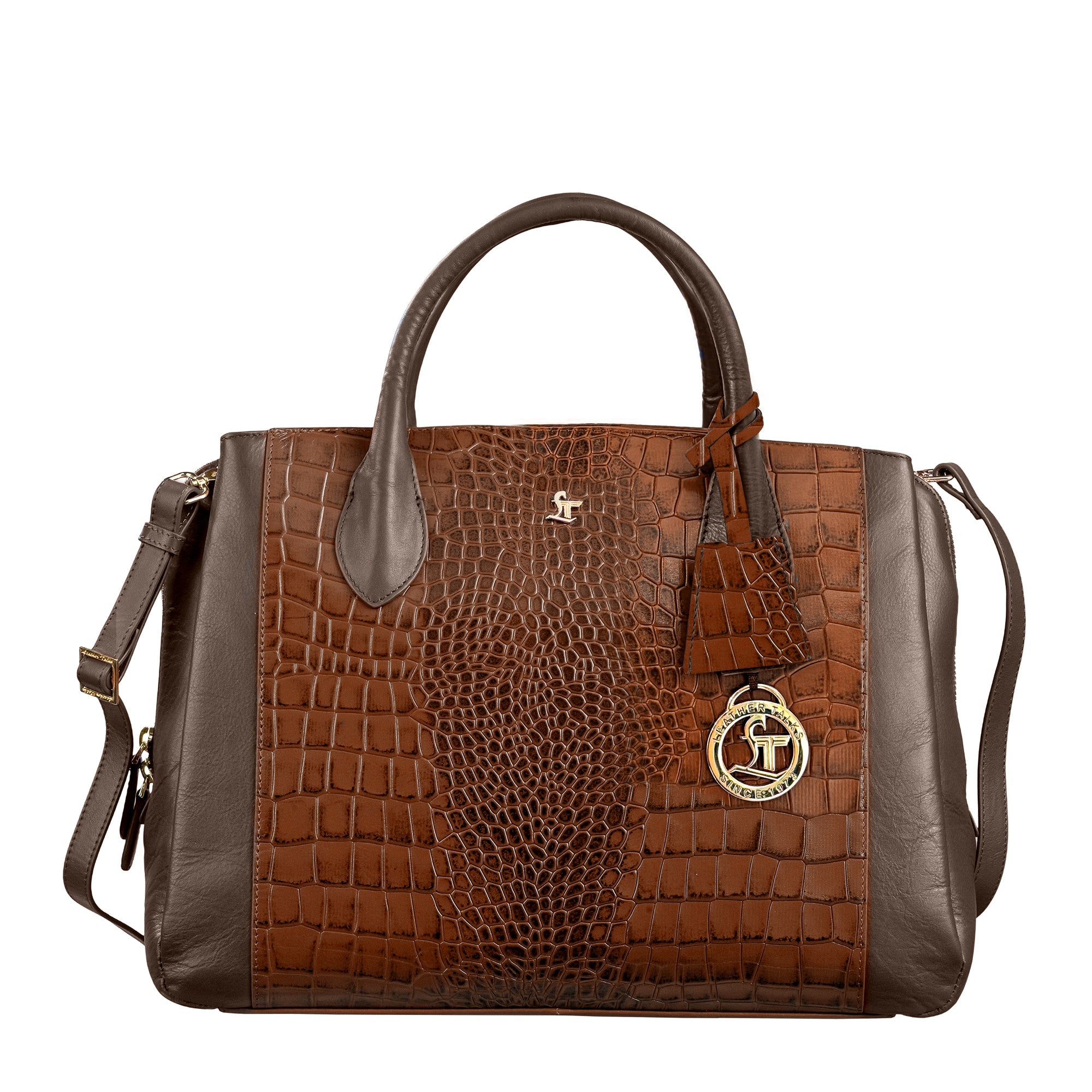 Clara Sr. Leather Laptop Carry Bag | Large Croco Embossed Tote Bag for Women | Genuine Leather Shoulder Color: Brown