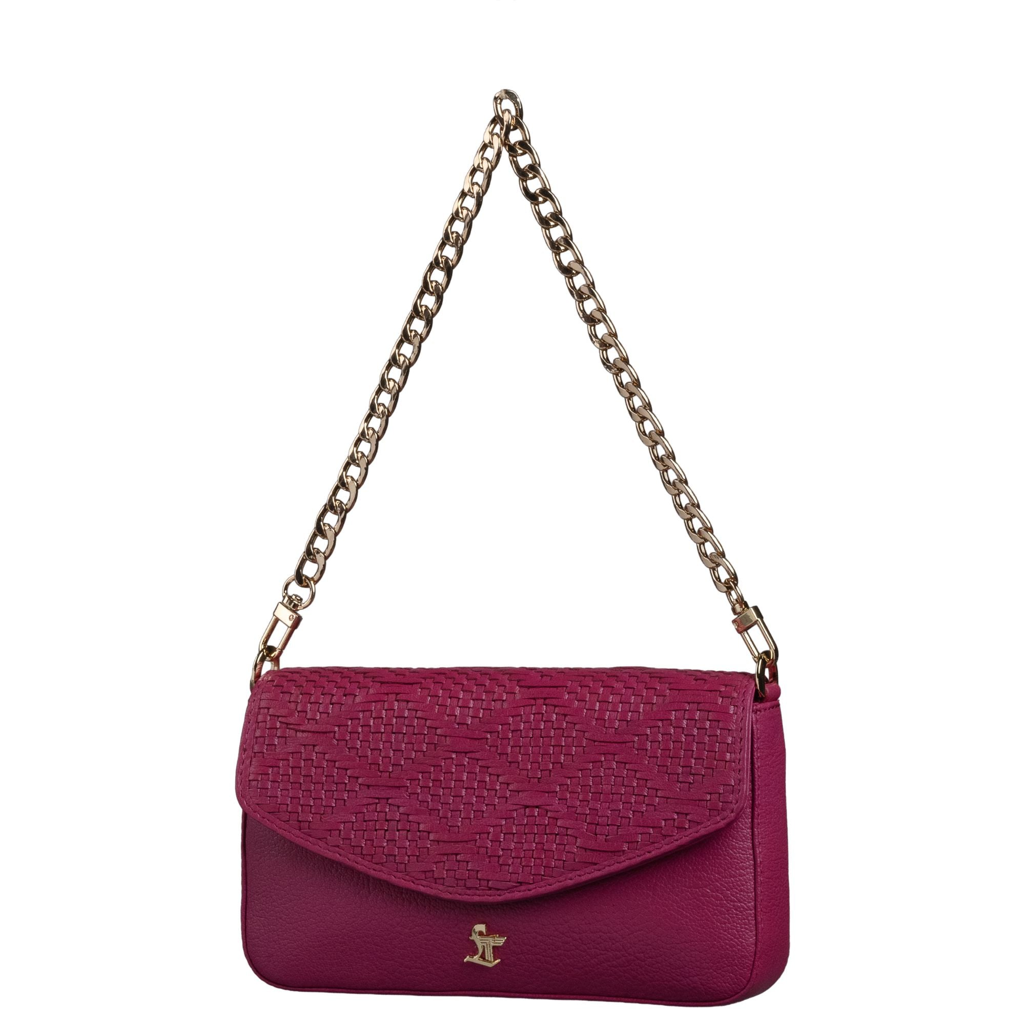 Genuine leather sling bag with detachable gold chain handle for elegant evening wear