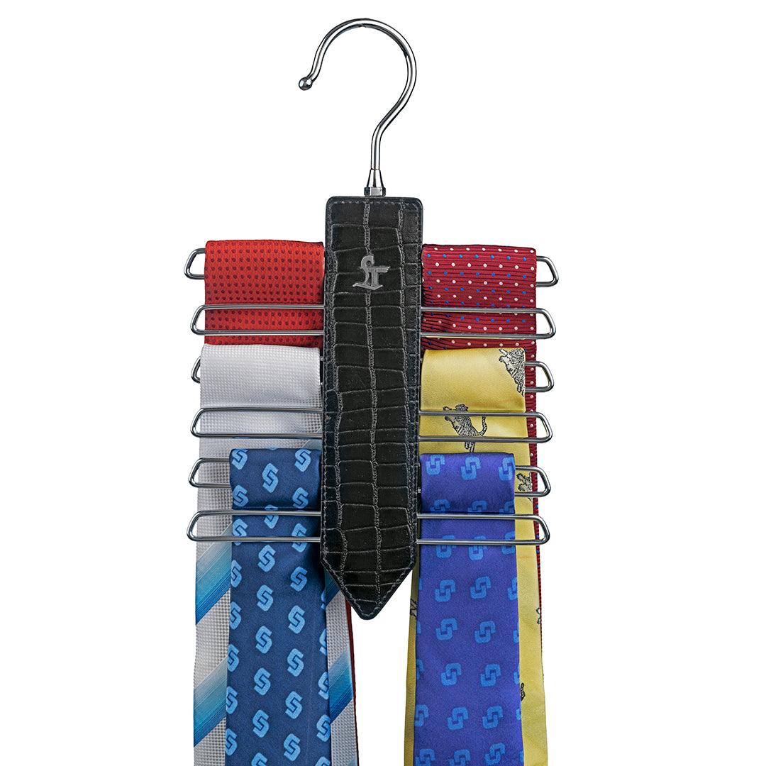 Leather Wooden Tie Hanger | 100% Genuine Leather | Color: Black