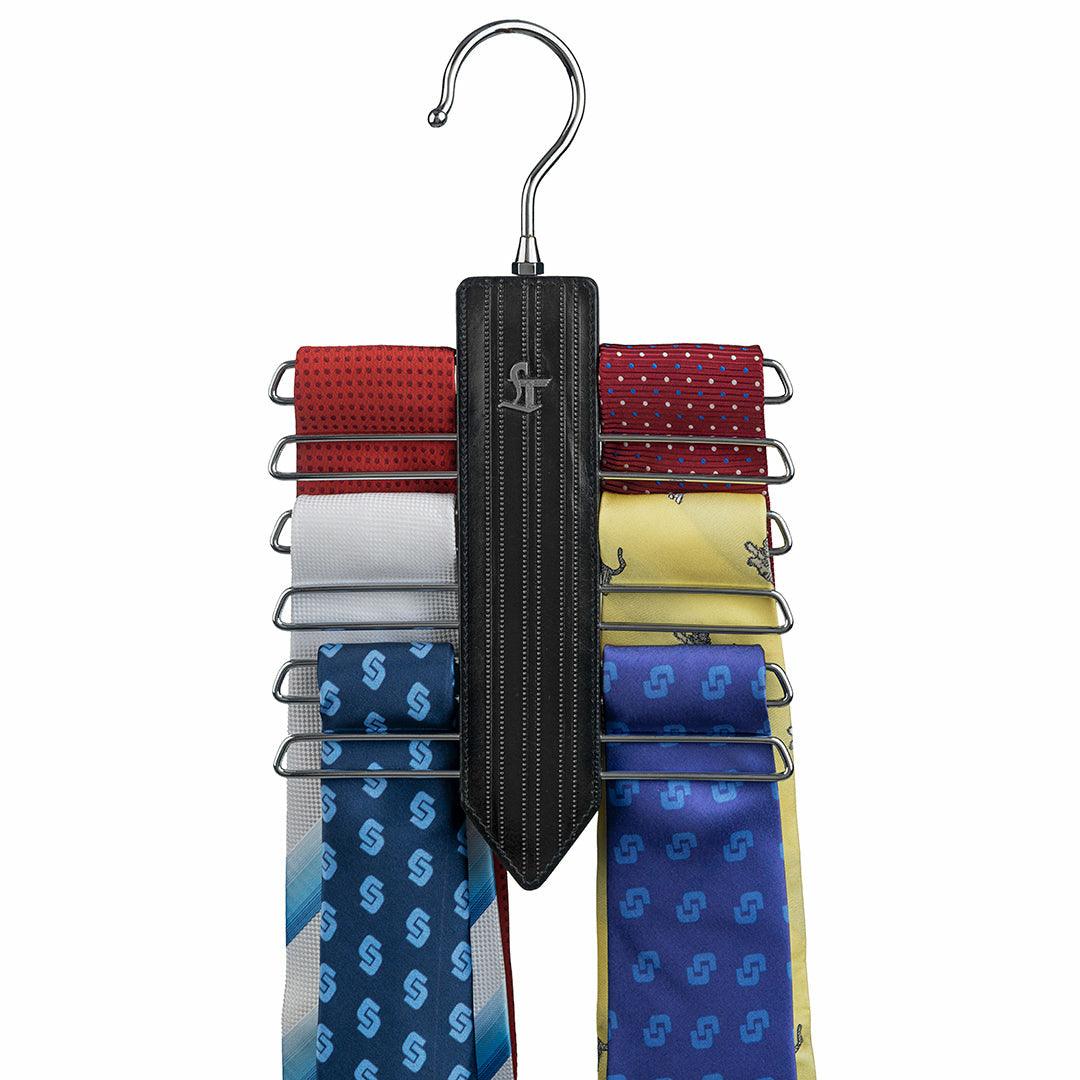 Leather Wooden Tie Hanger | 100% Genuine Leather | Color: Black