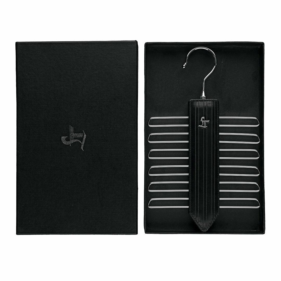 Leather Wooden Tie Hanger | 100% Genuine Leather | Color: Black