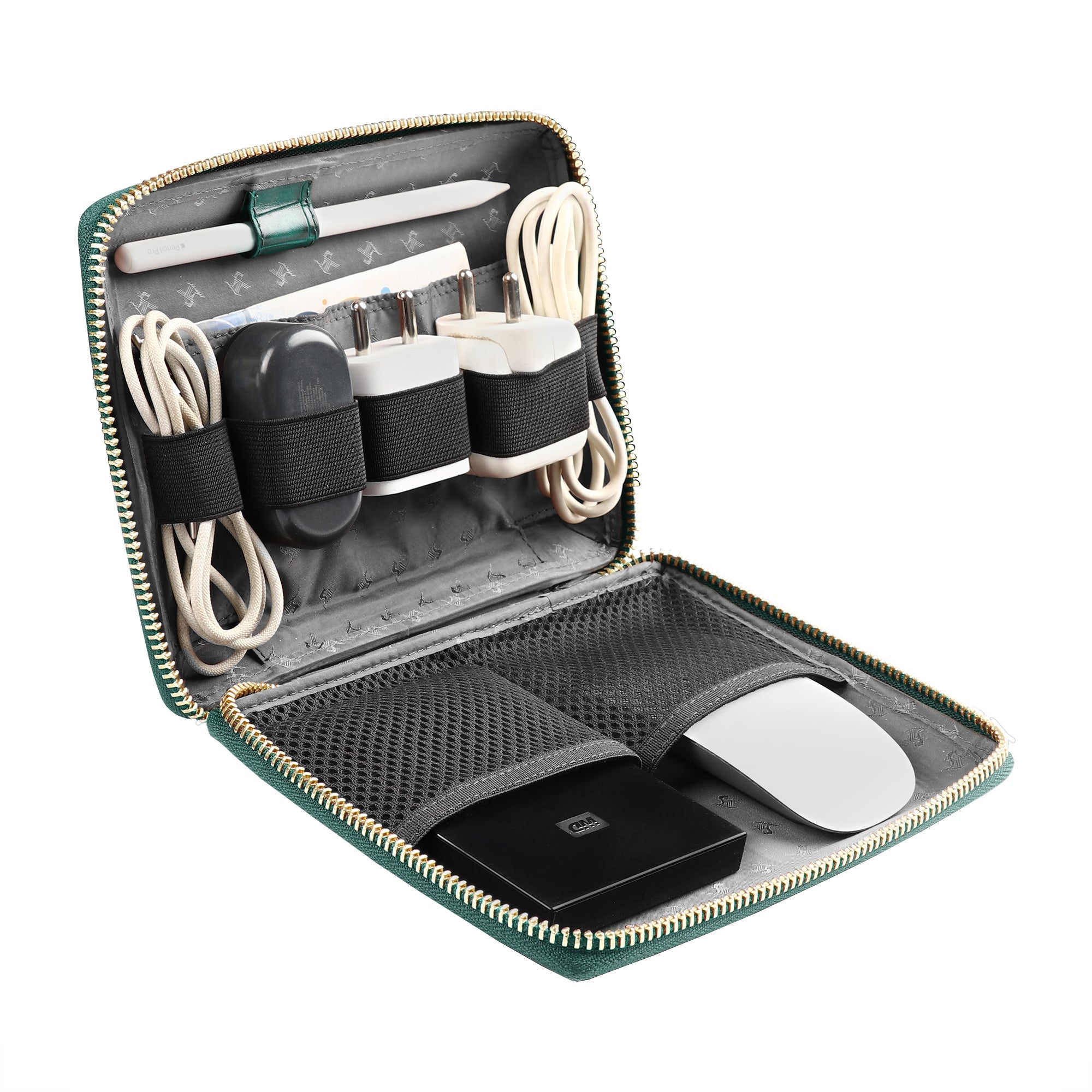 Harbinger Tech Kit - Genuine Leather Tech Organizer Case | Travel Cable Storage Bag | Luxury Electronic Accessories Pouch for Chargers, Wires & Gadgets | Color: Green Leather Talks
