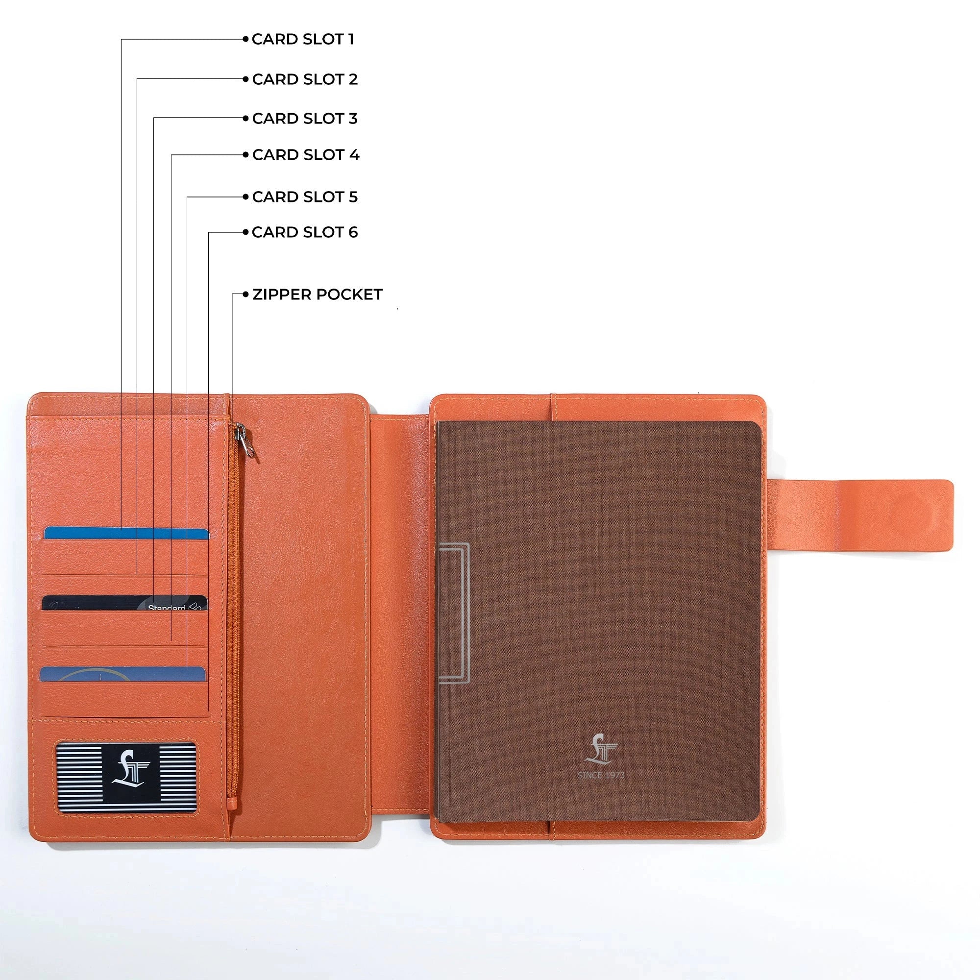 Genuine leather premium notebook organizer with six card slots, secure zipper pocket, and refillable master notebook — Leather Talks luxury stationery.