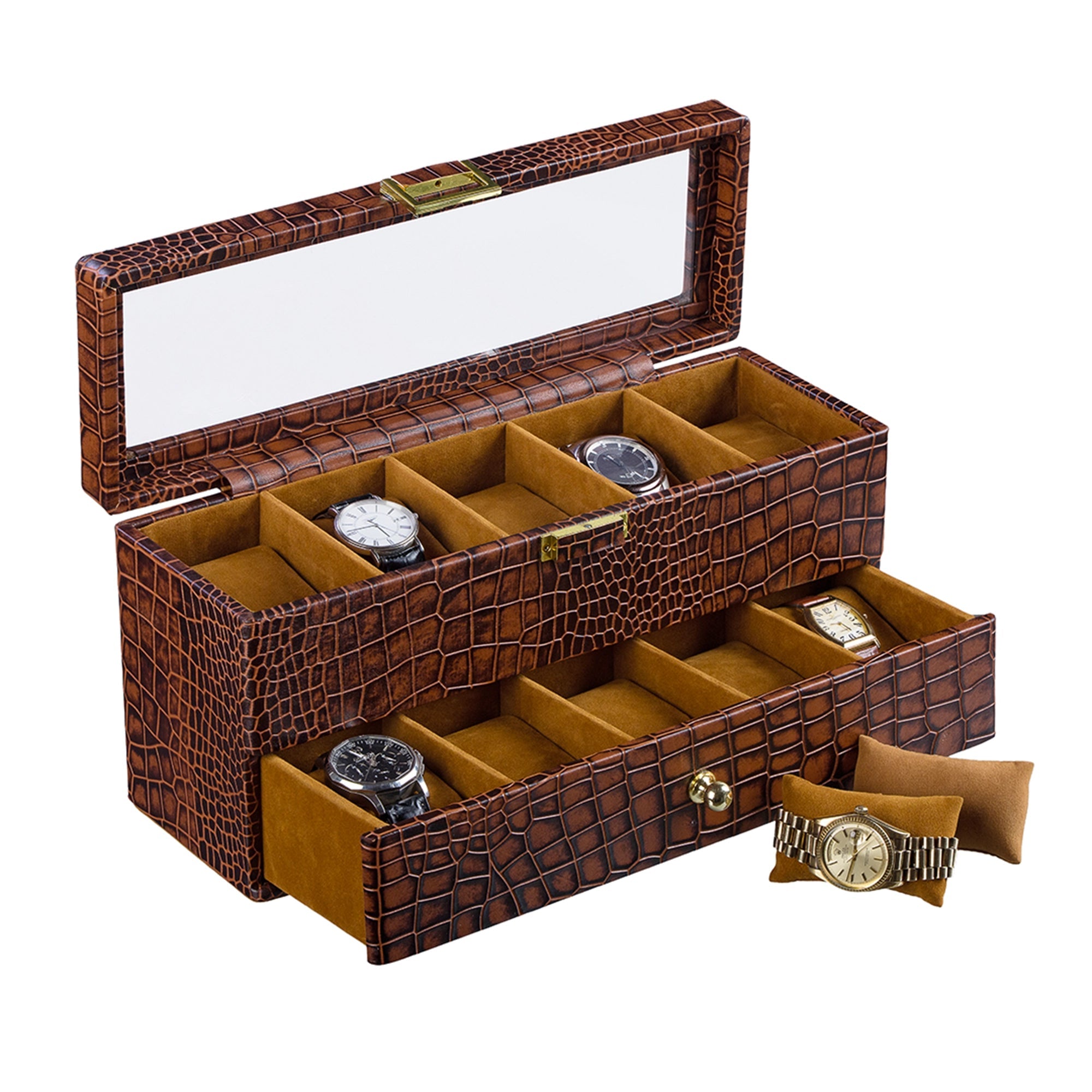 Bronx II Watch Box 10 | Luxury Genuine Leather Watch Box for Men | 10 Slot Watch Organizer with Drawer | Premium Watch Storage Case | Color: Croco Tan Leather Talks