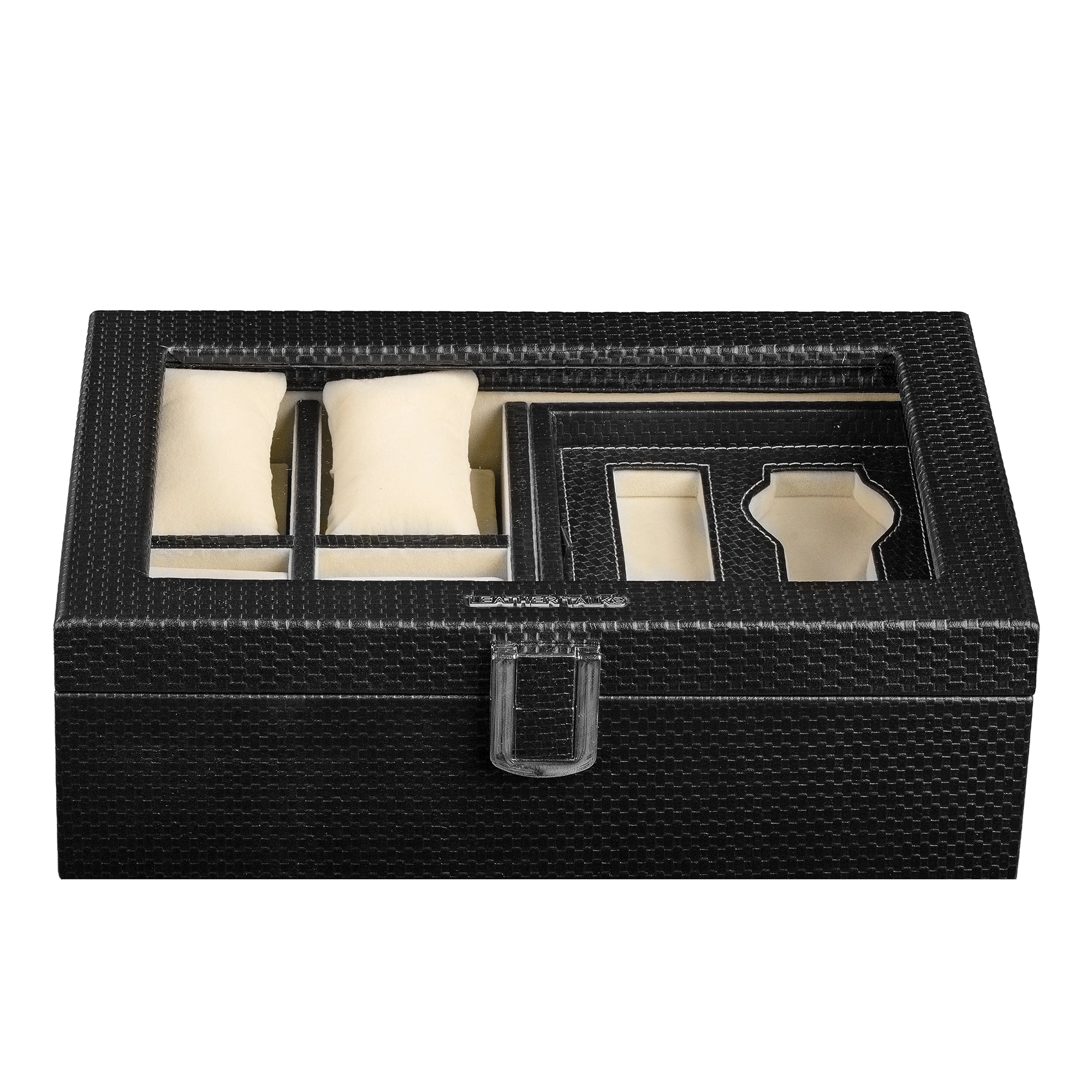 Galio Leather Watch Box / Case | Genuine Leather Watch Box for Men | Can Hold 8 Watches | Acrylic Glass Top | Color: Brick Black Leather Talks