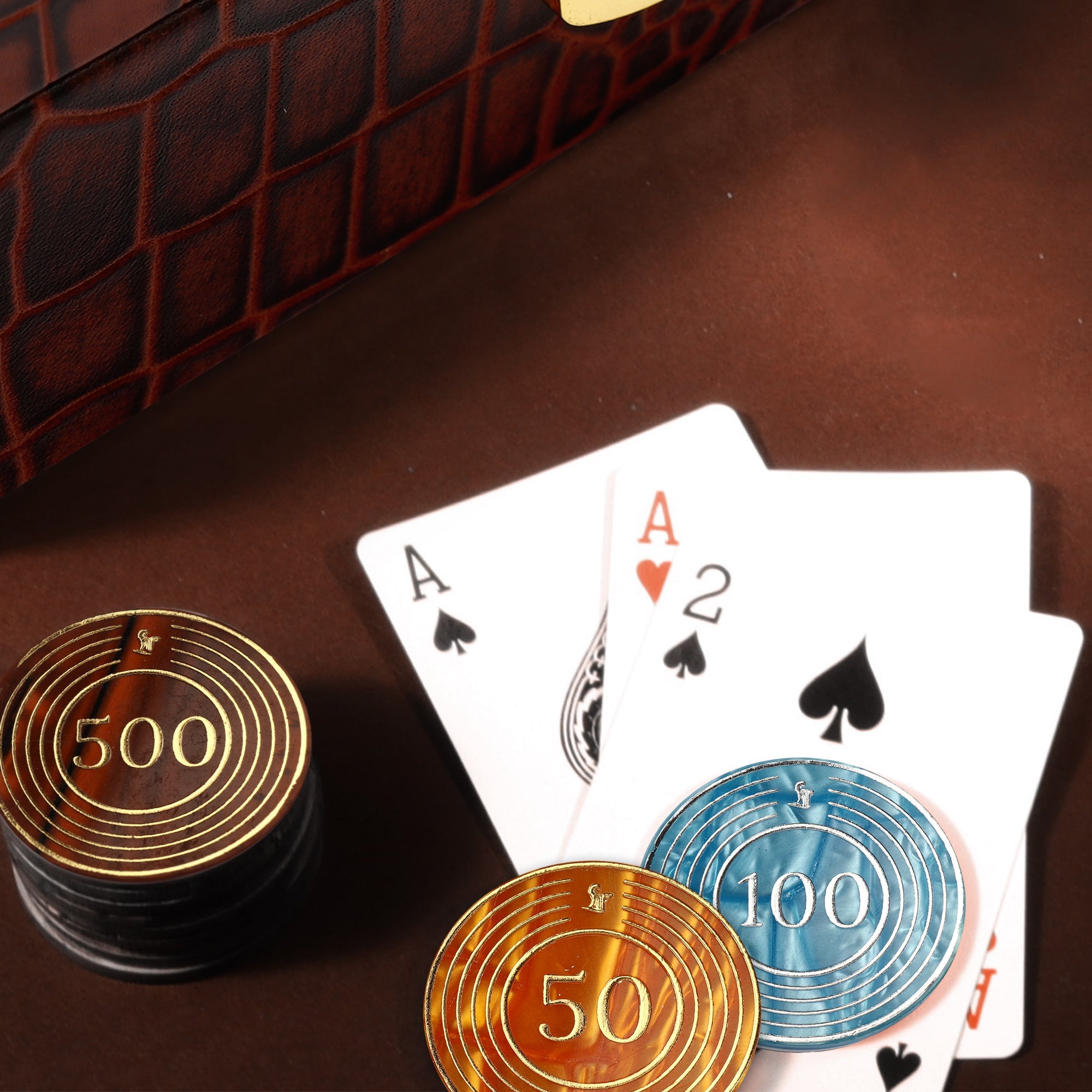 Leather Poker Box | Croco Embossed Genuine Leather | Luxury Playing Card Case | Premium Poker Gift Set | Color: Tan Leather Talks