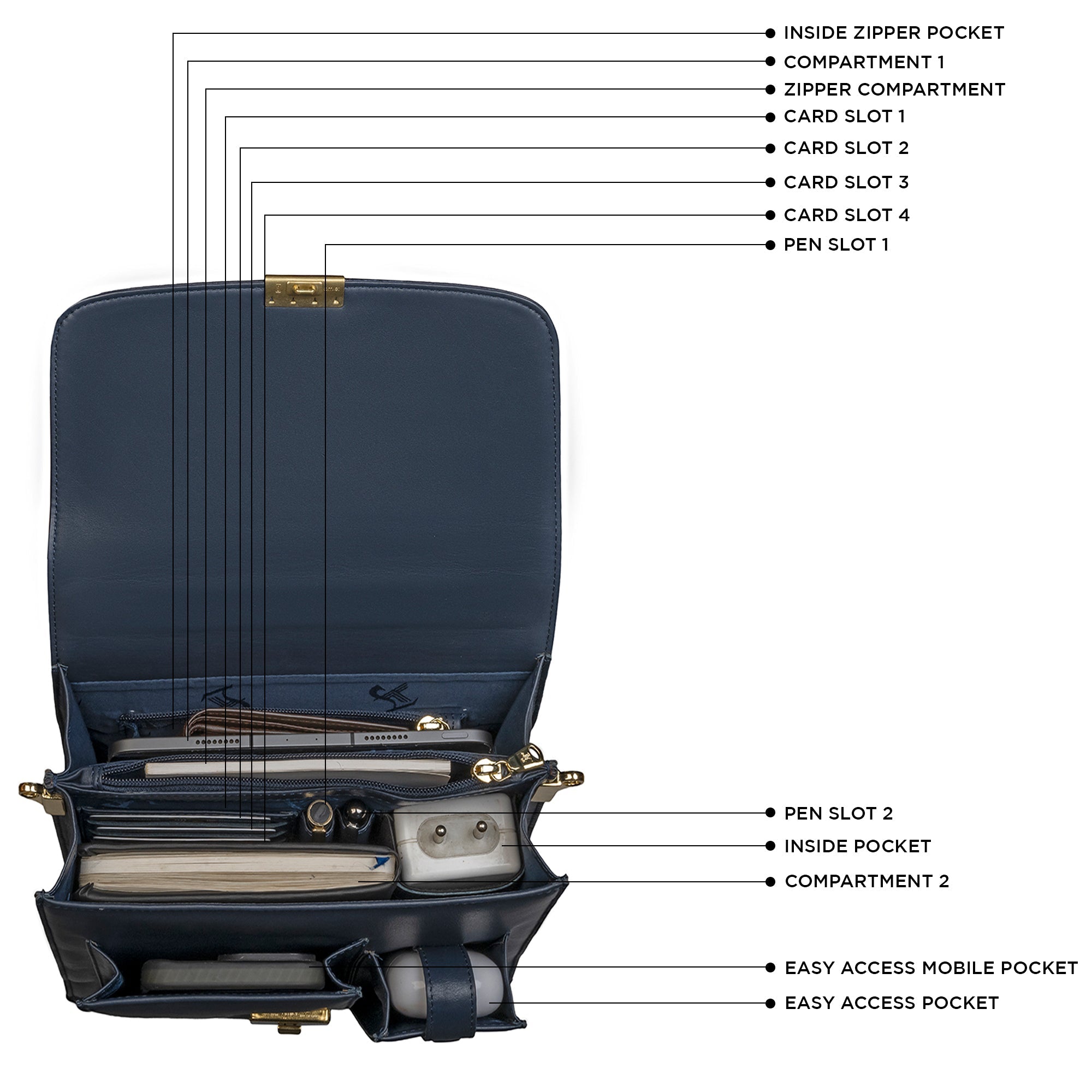 Interior of men’s leather messenger bag showing organized compartments and pockets