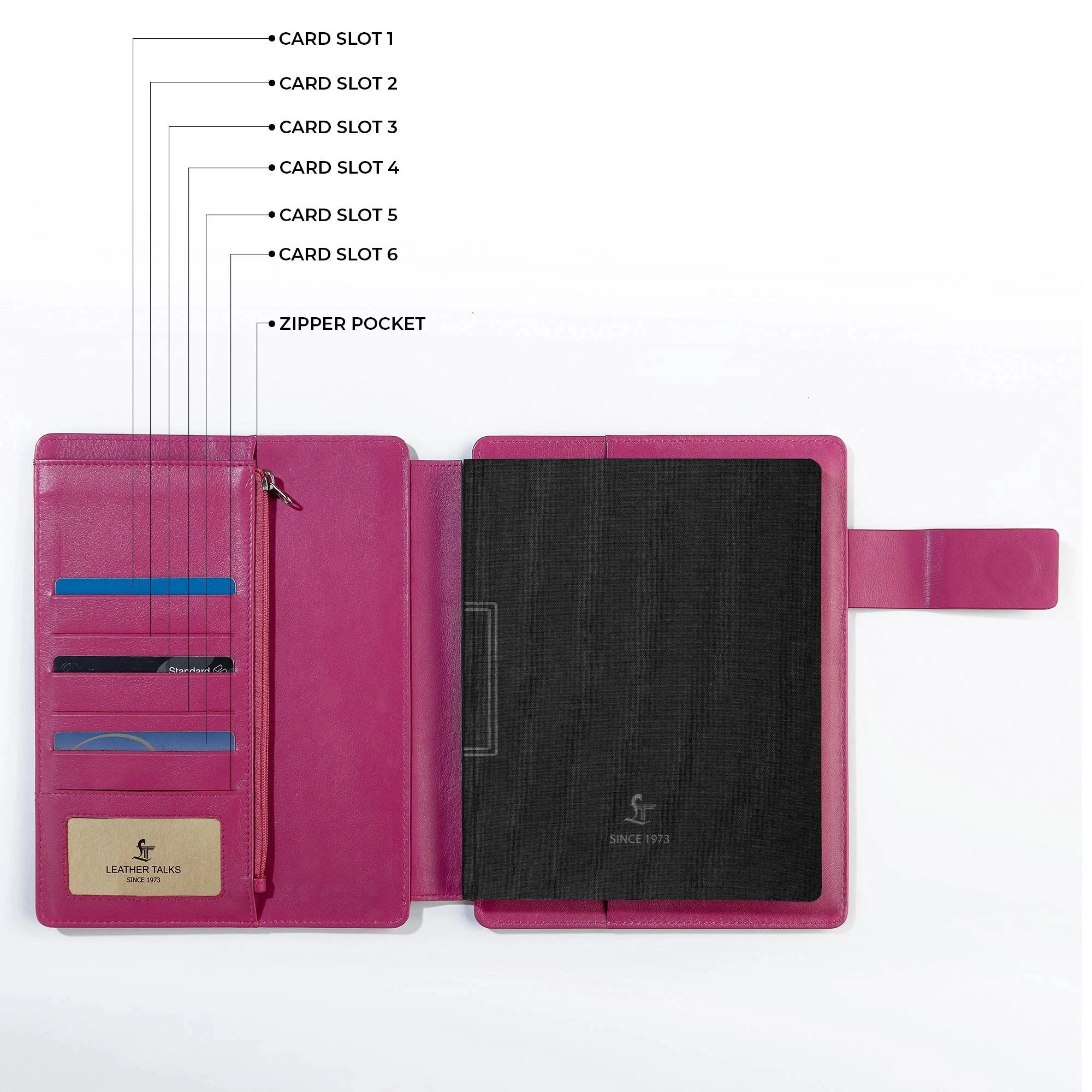 Genuine leather premium notebook organizer with six card slots, secure zipper pocket, and refillable master notebook — Leather Talks luxury stationery.