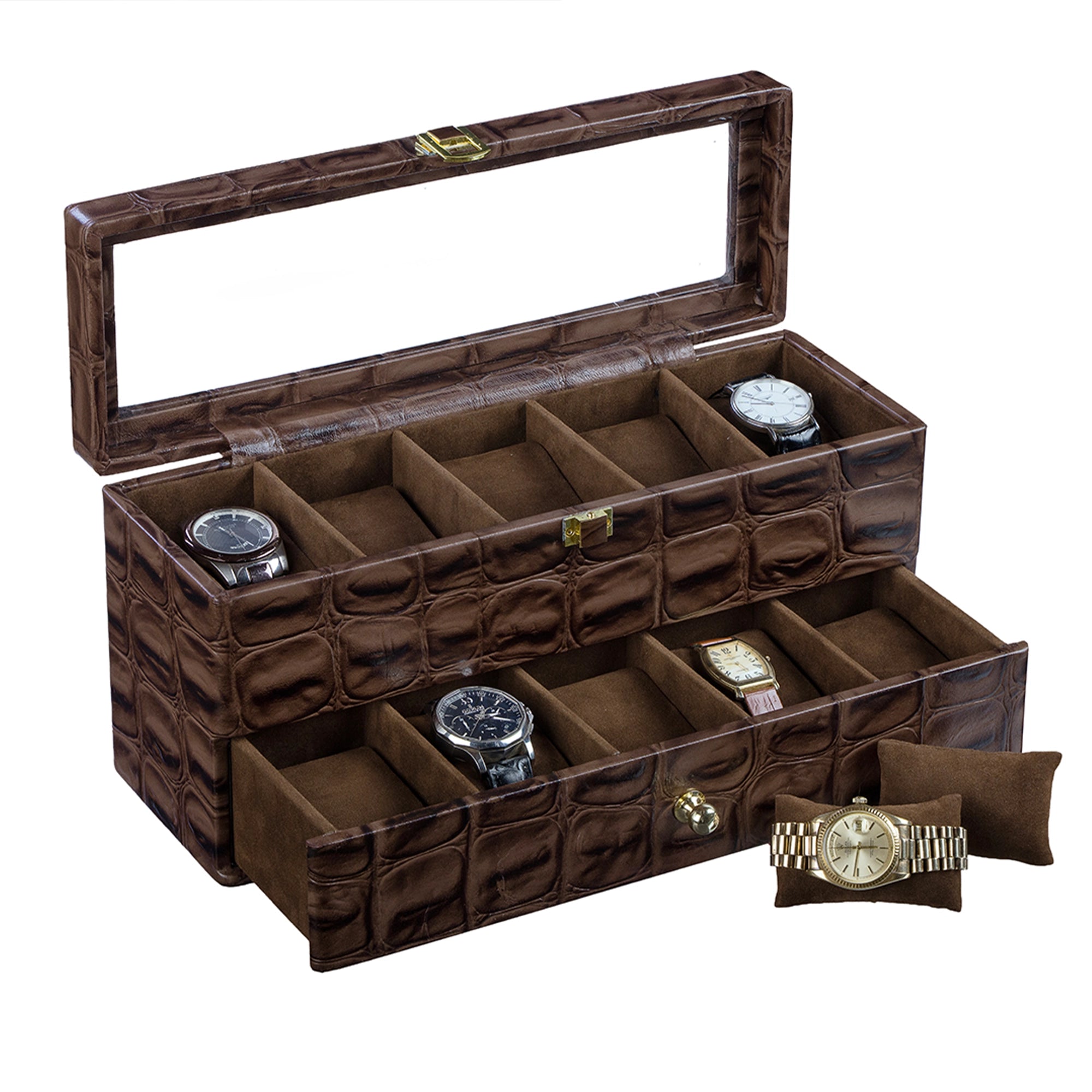 Bronx II Leather Watch Box / Case | 100% Genuine Leather | Can Hold 10 Watches | Acrylic Glass Top | Color: Crocotail Brown Leather Talks